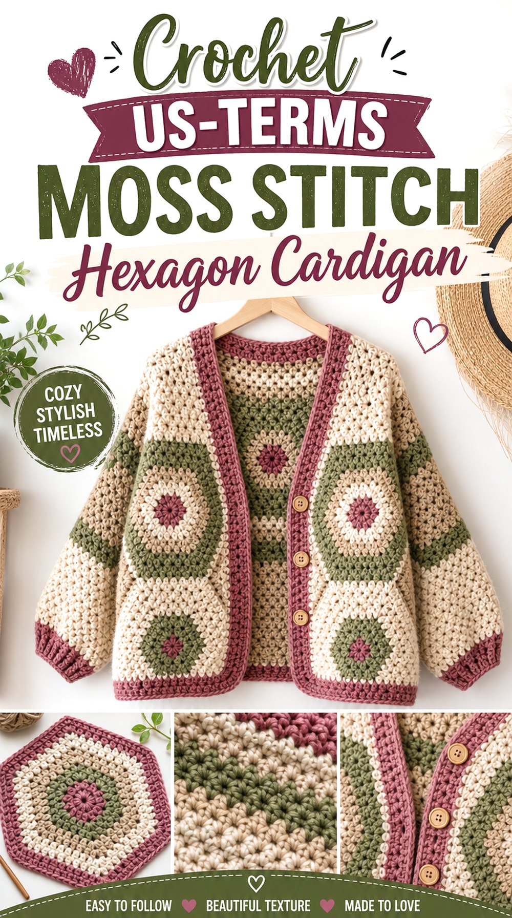 Crochet US Terms Moss Stitch Hexagon Cardigan
