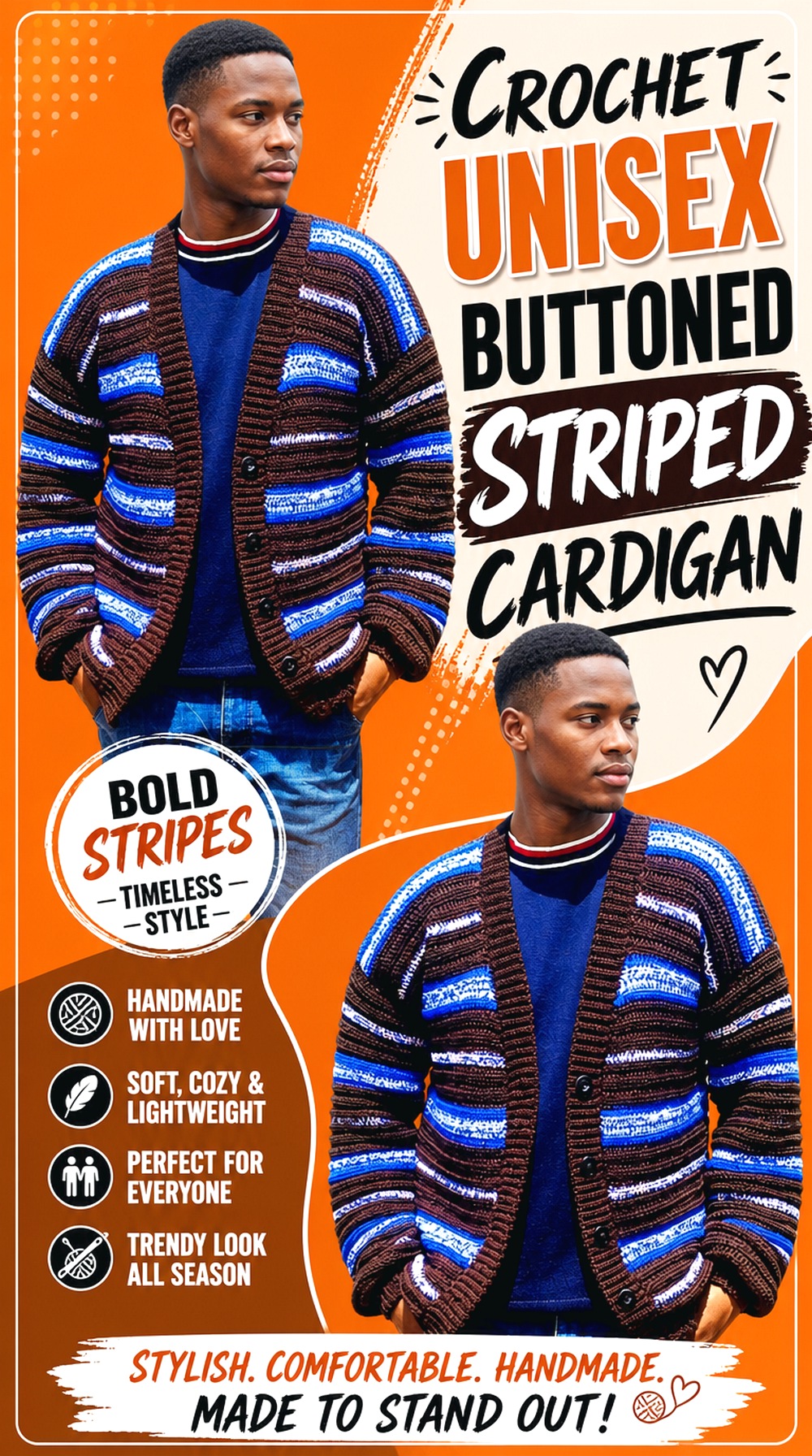 Crochet Unisex Buttoned Striped Cardigan