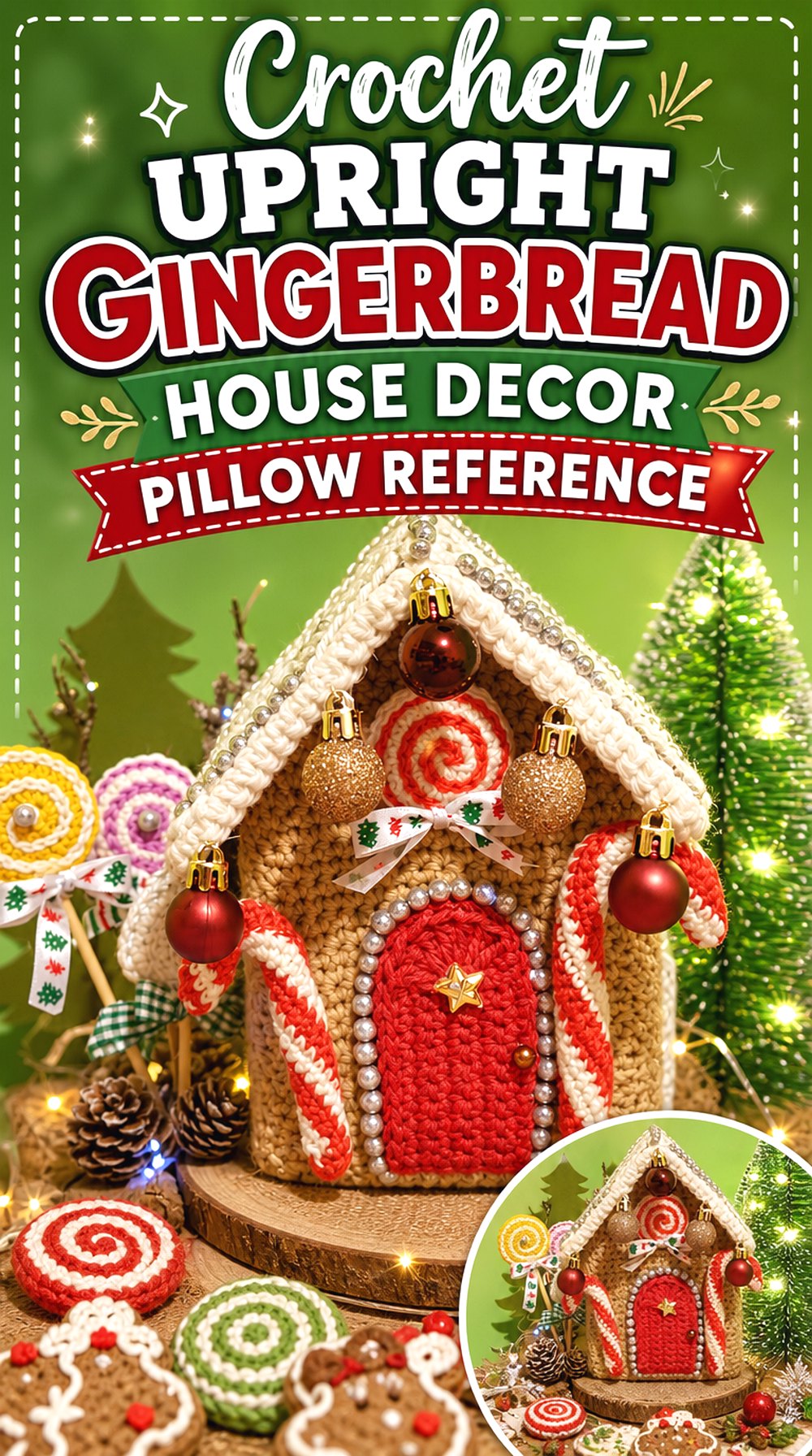 Crochet Upright Gingerbread House Decor Pillow Reference