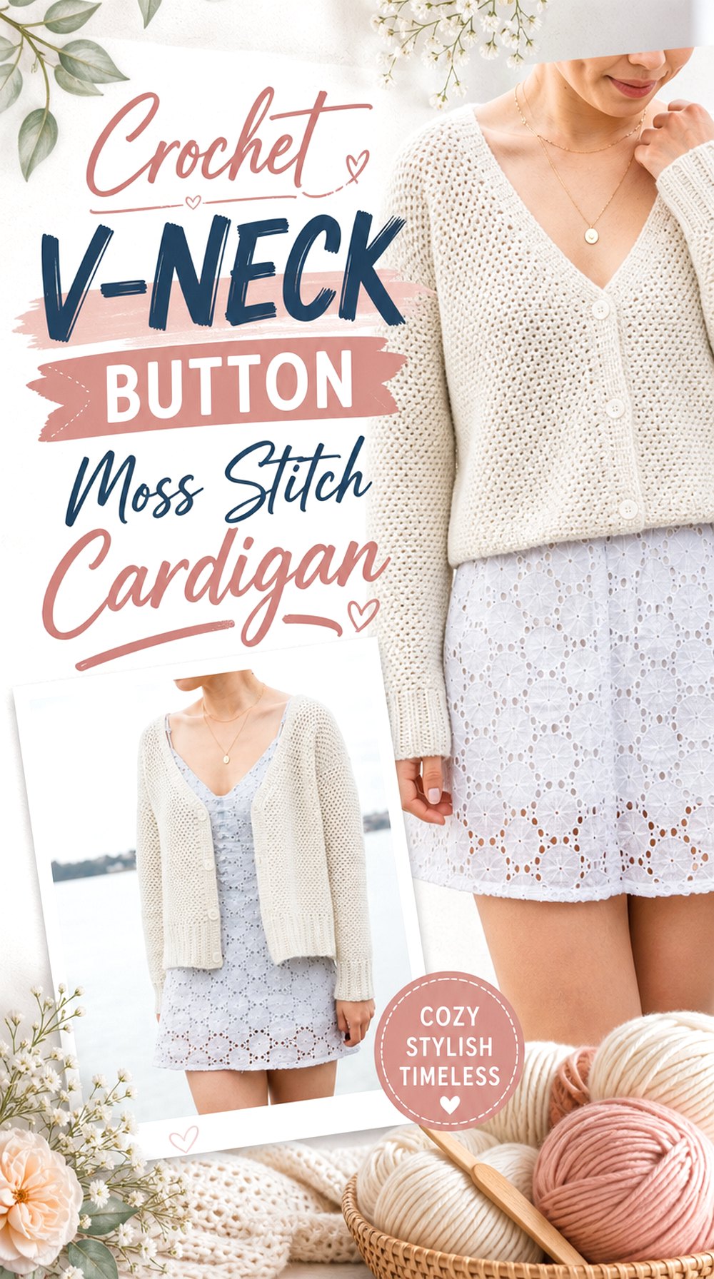 Crochet V Neck Button Moss Stitch Cardigan