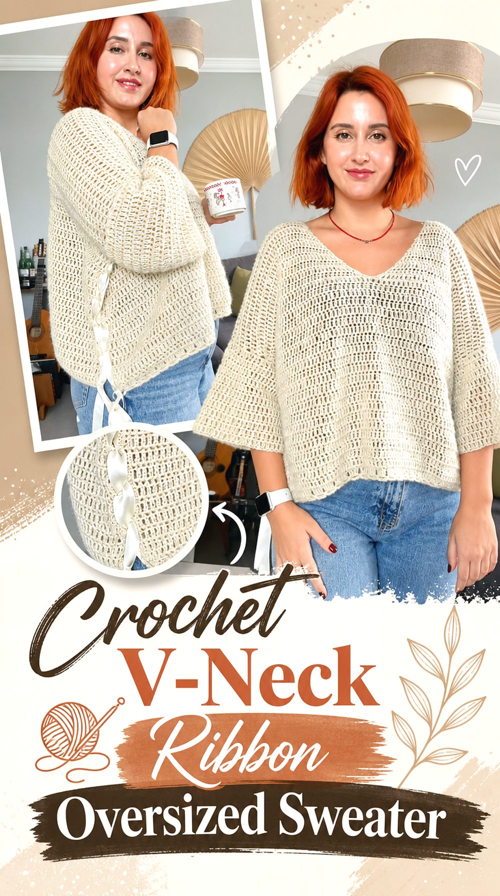 Crochet V Neck Ribbon Oversized Sweater