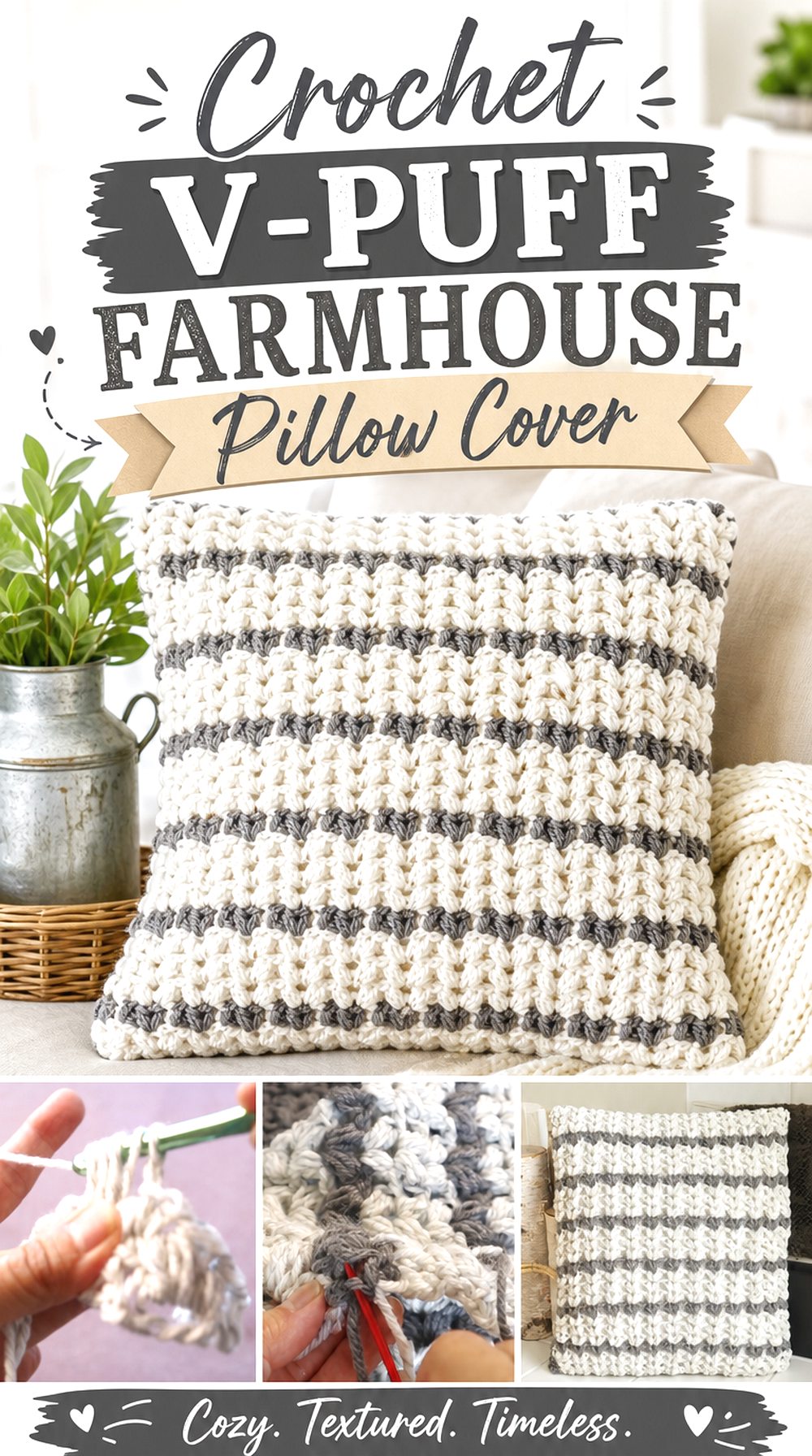 Crochet V Puff Farmhouse Pillow Cover
