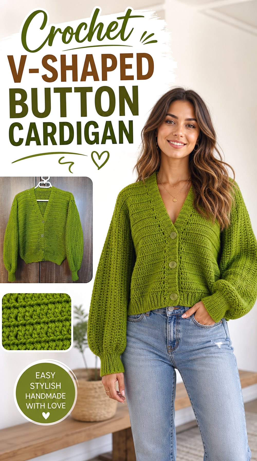 Crochet V Shaped Button Cardigan