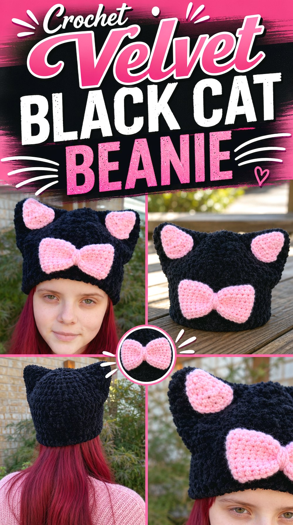 Crochet Velvet Black Cat Beanie