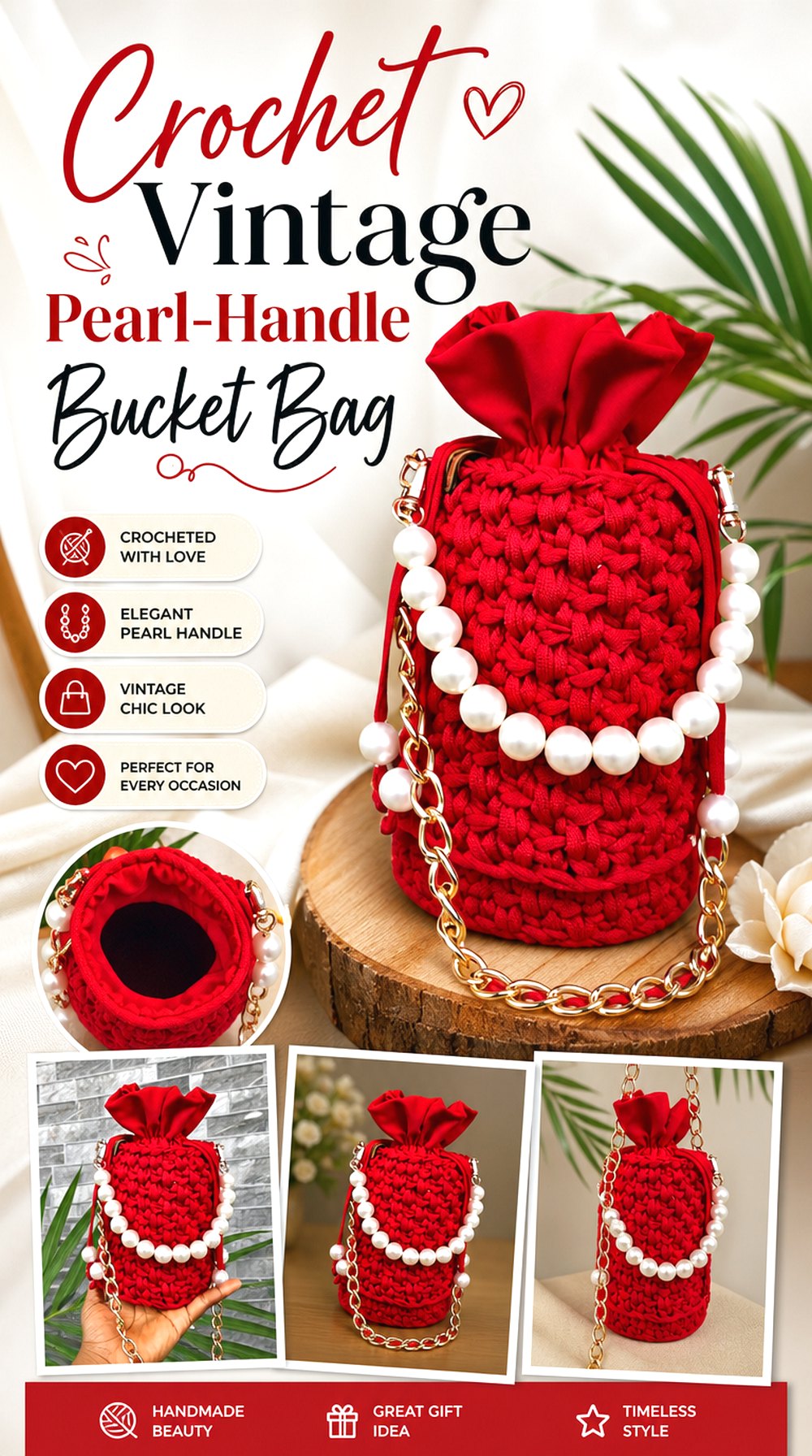 Crochet Vintage Pearl Handle Bucket Bag