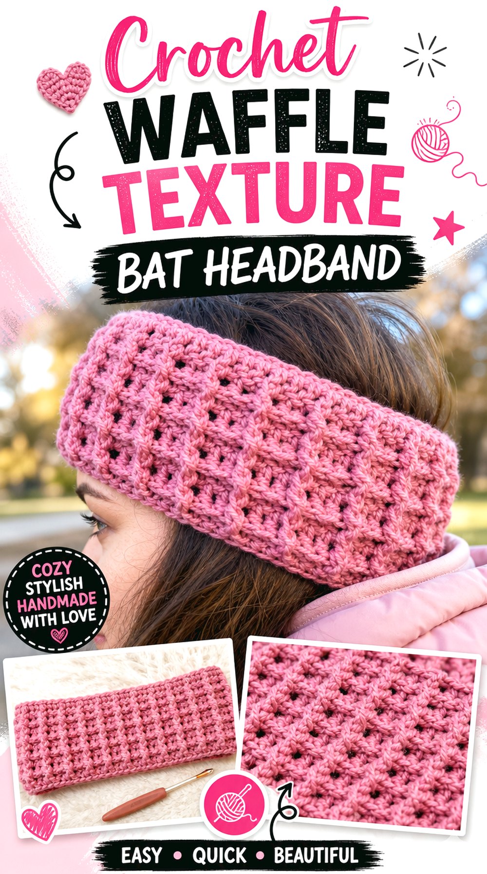 Crochet Waffle Texture Bat Headband