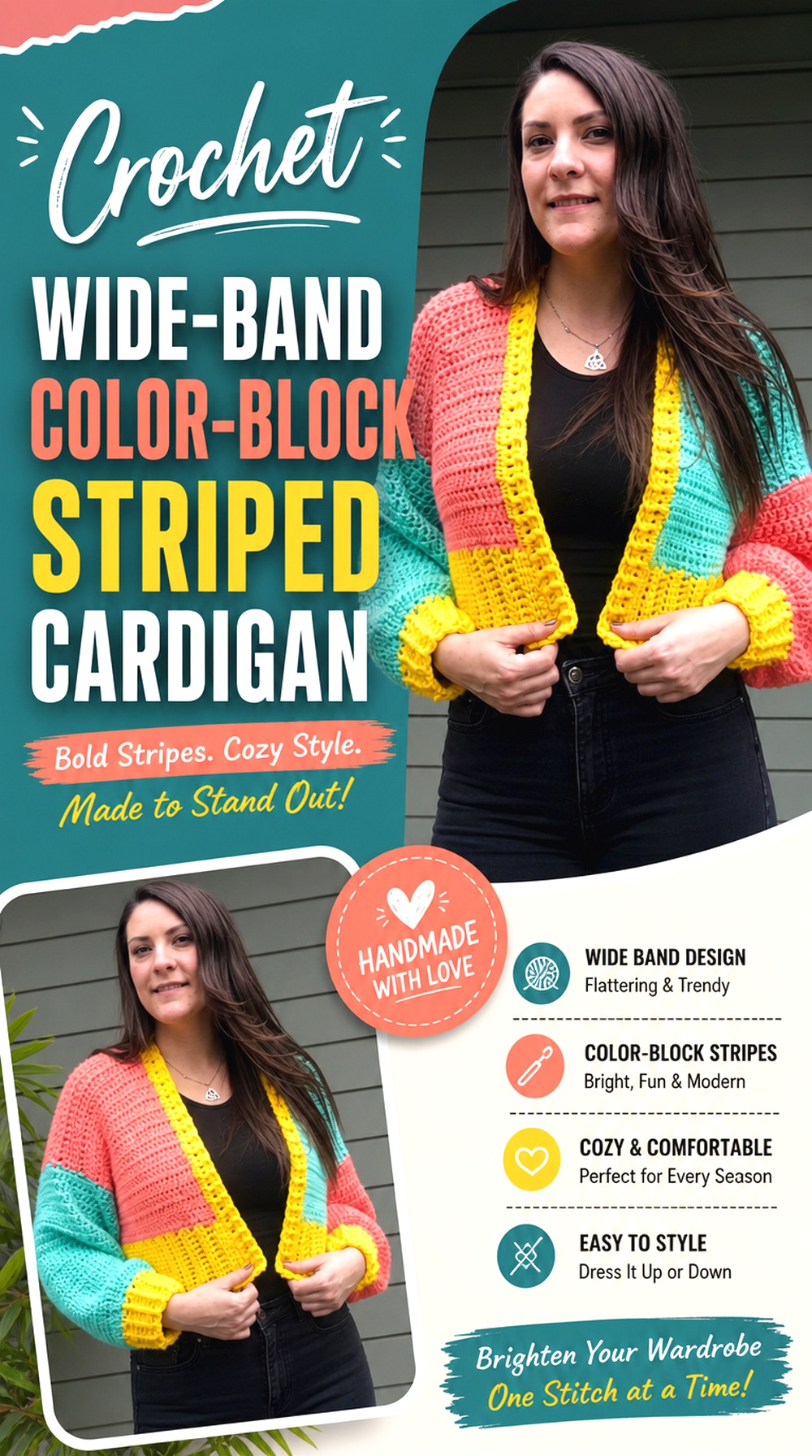 Crochet Wide Band Color Block Striped Cardigan