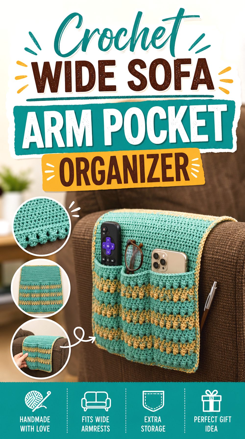 Crochet Wide Sofa Arm Pocket Organizer