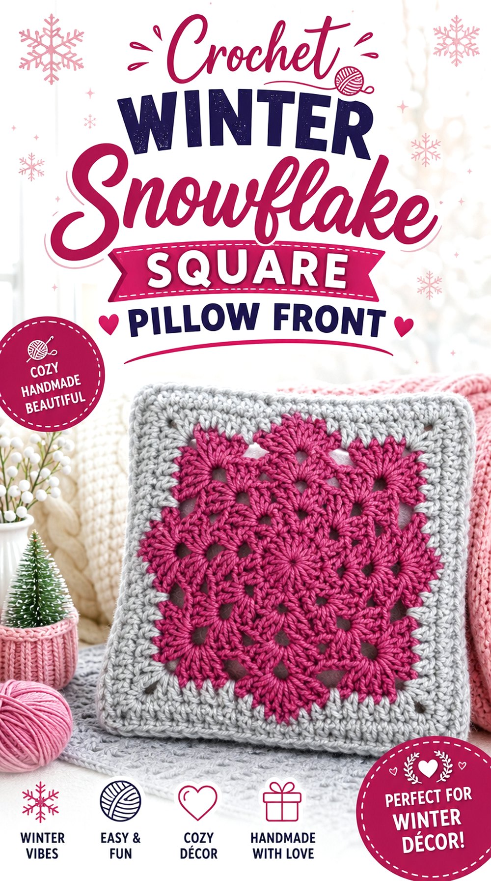 Crochet Winter Snowflake Square Pillow Front