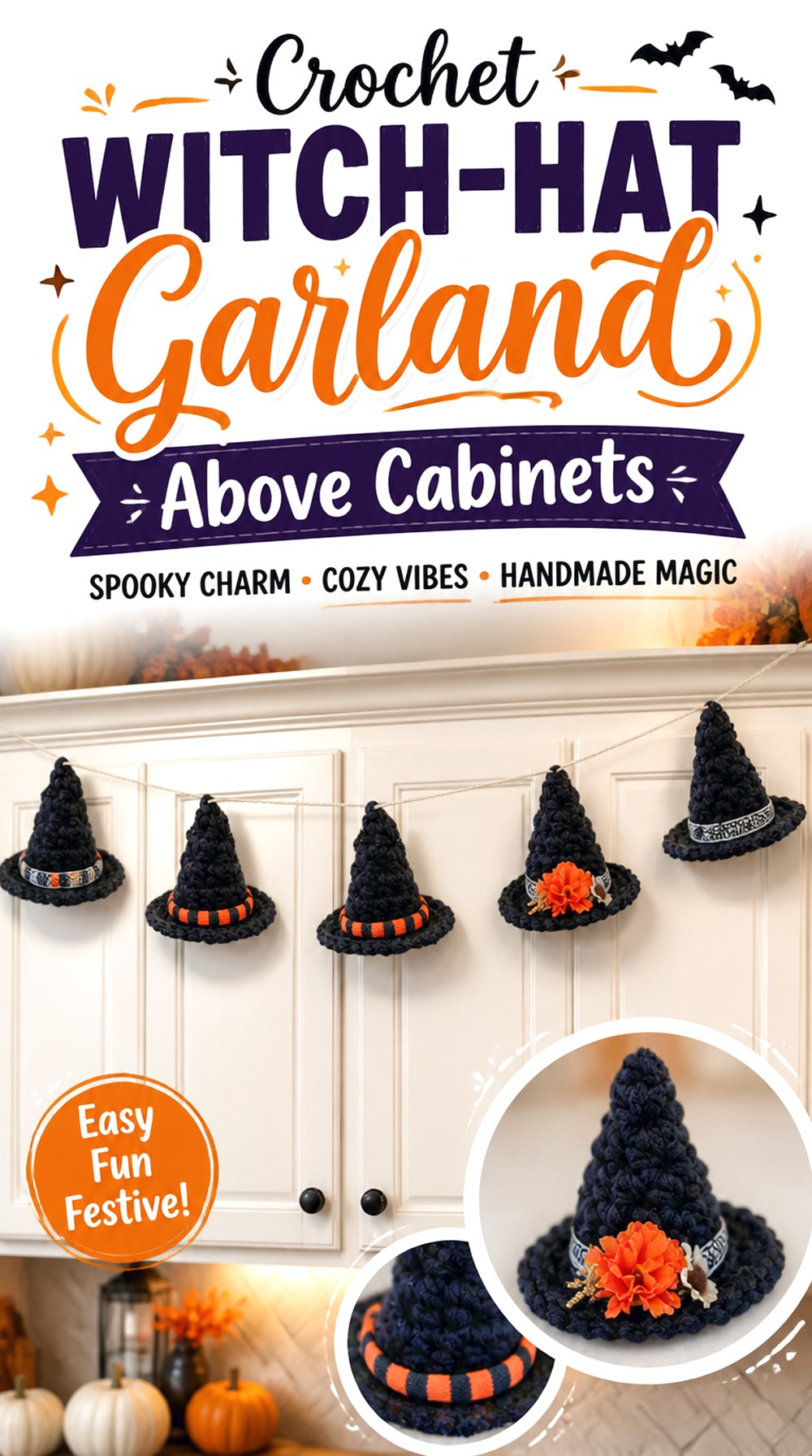 Crochet Witch Hat Garland Above Cabinets