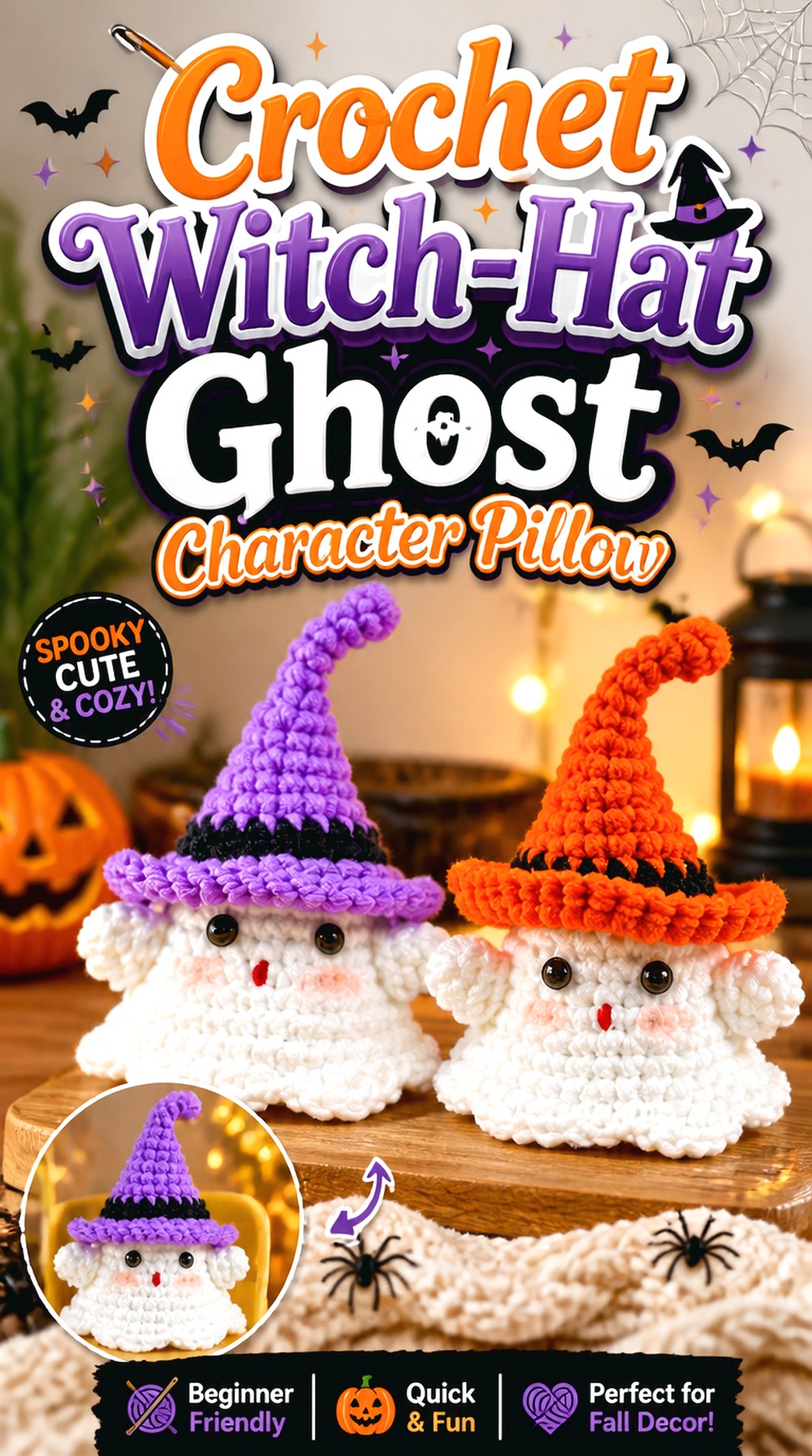Crochet Witch Hat Ghost Character Pillow