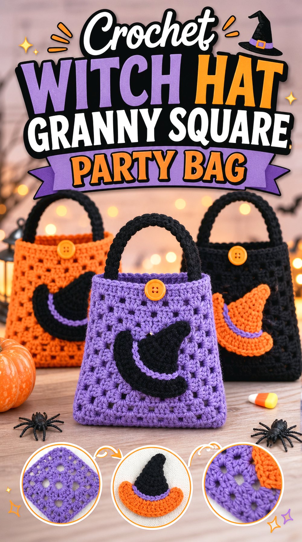 Crochet Witch Hat Granny Square Party Bag
