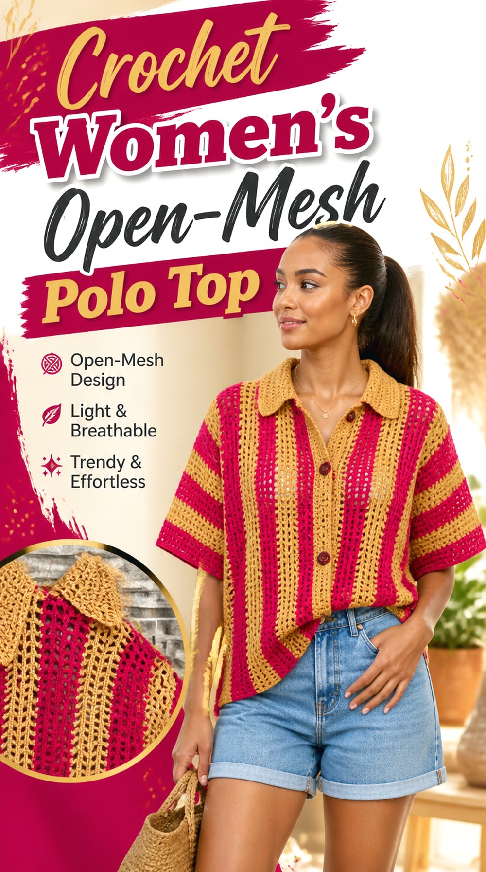 Crochet Women’s Open Mesh Polo Top