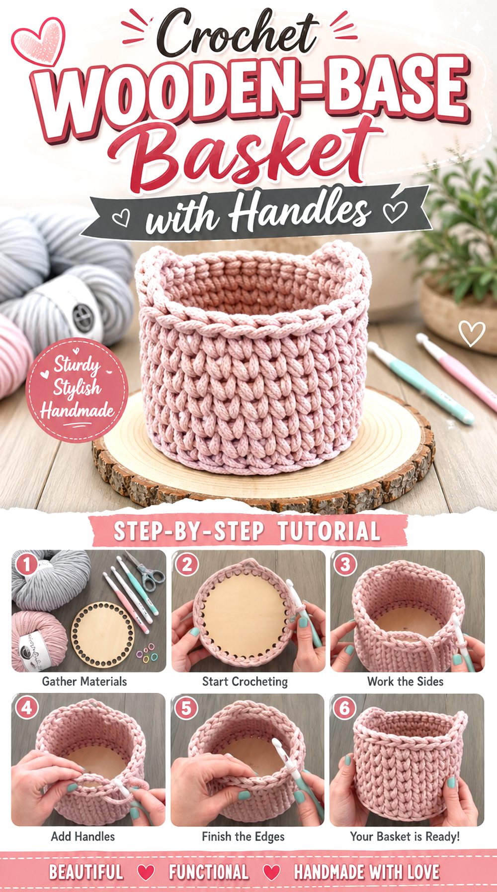 Crochet Wooden Base Basket with Handles