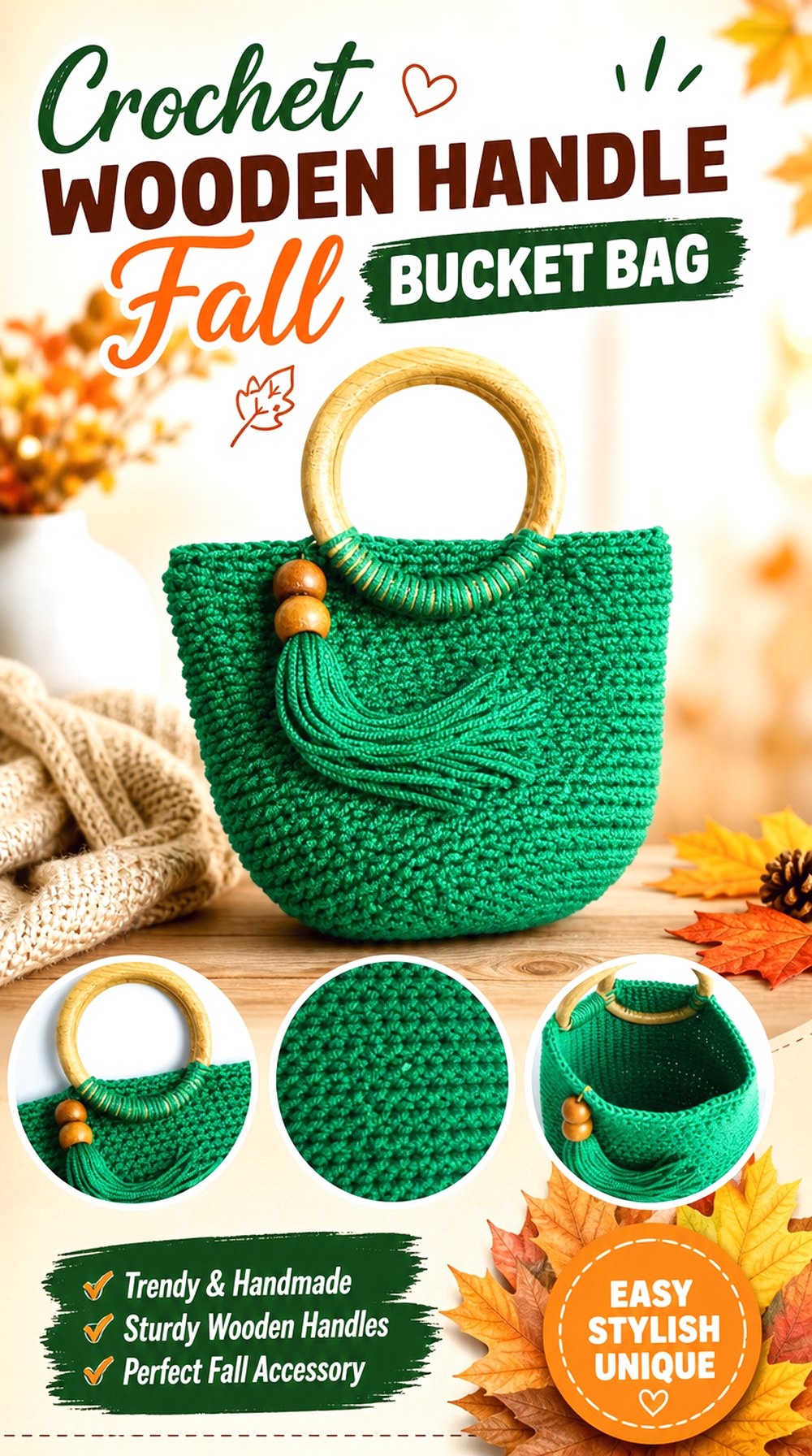 Crochet Wooden Handle Fall Bucket Bag