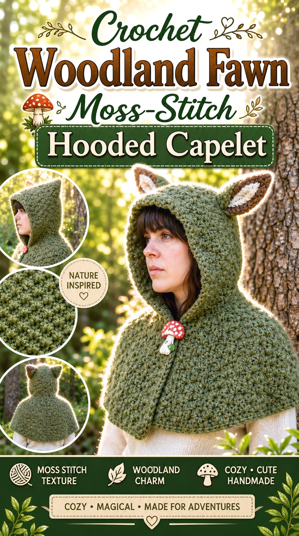 Crochet Woodland Fawn Moss Stitch Hooded Capelet