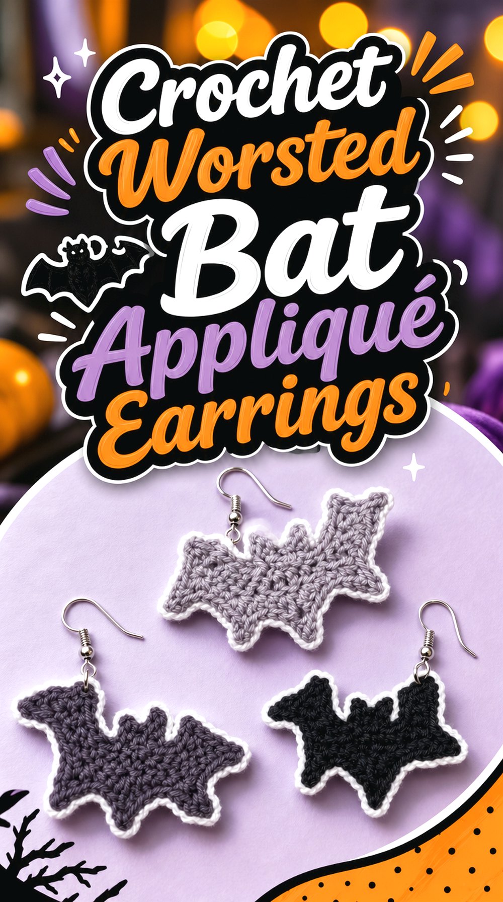 Crochet Worsted Bat Appliqué Earrings