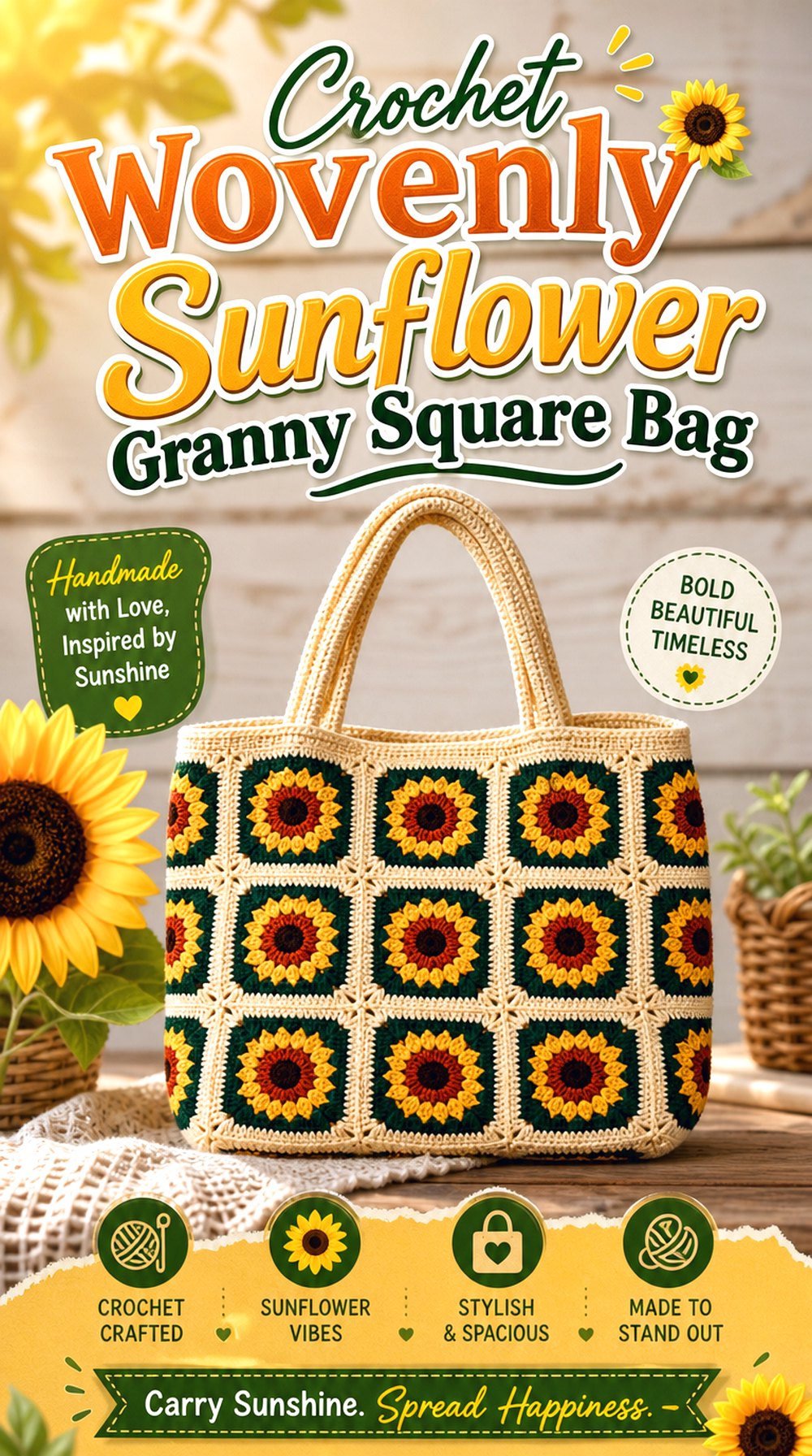Crochet Wovenly Sunflower Granny Square Bag