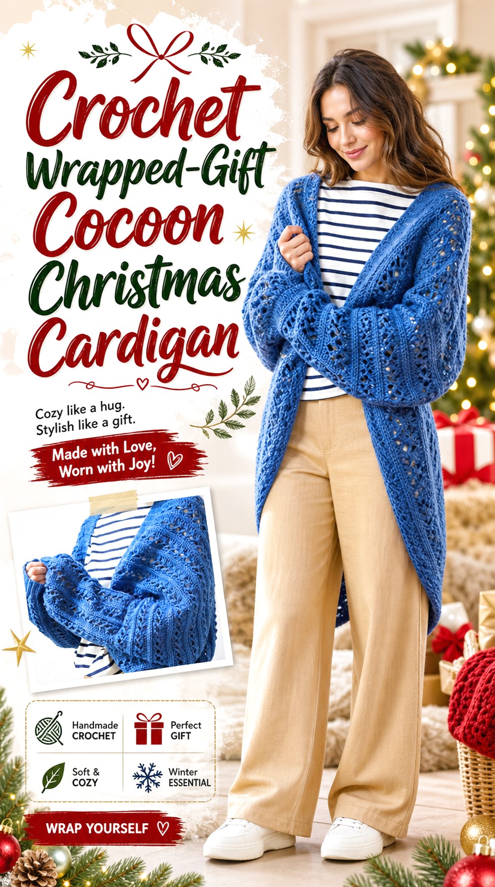 Crochet Wrapped Gift Cocoon Christmas Cardigan