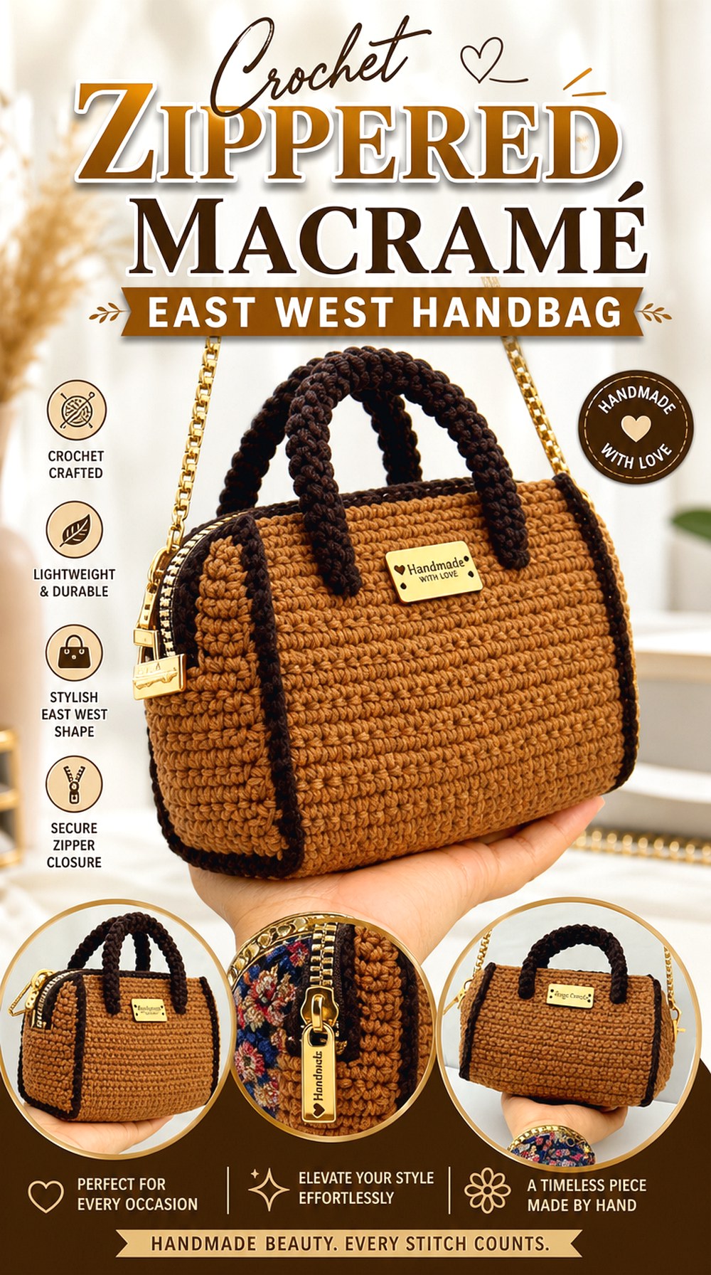 Crochet Zippered Macramé East West Handbag