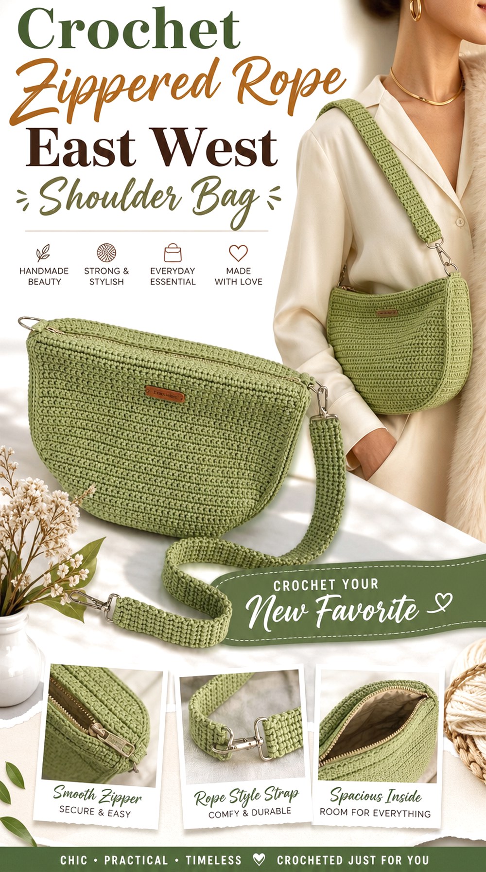 Crochet Zippered Rope East West Shoulder Bag