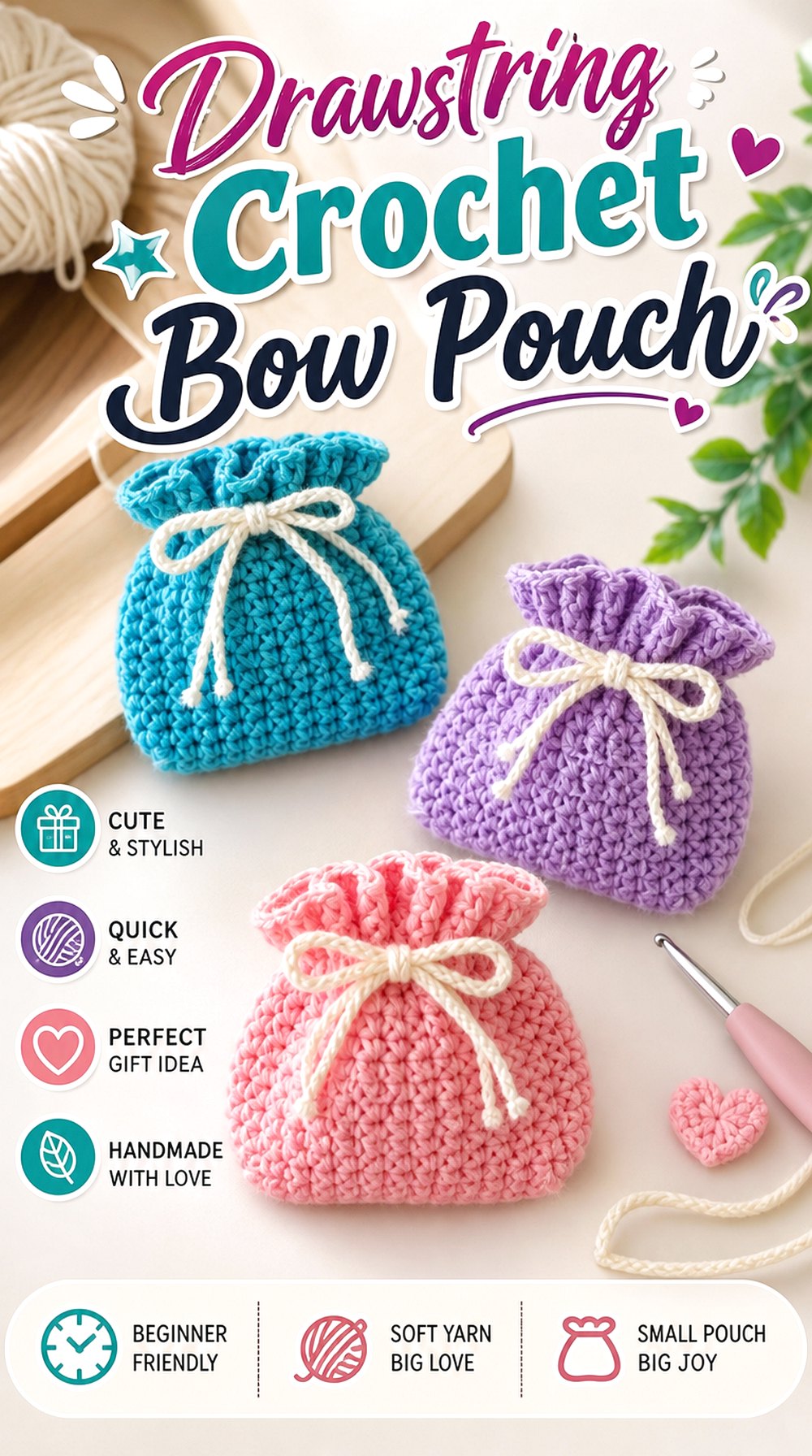Drawstring Crochet Bow Pouch