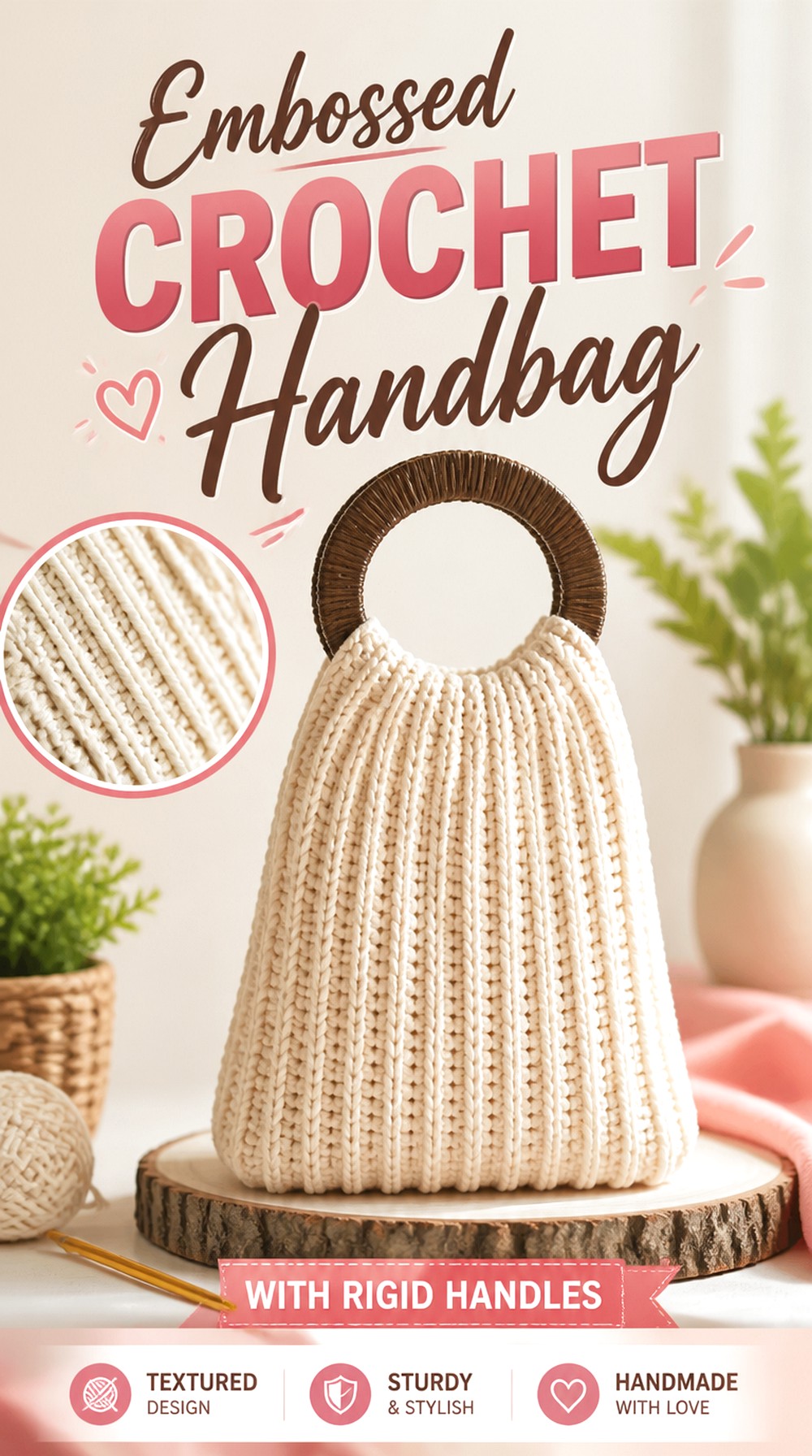 Embossed Crochet Handbag with Rigid Handles