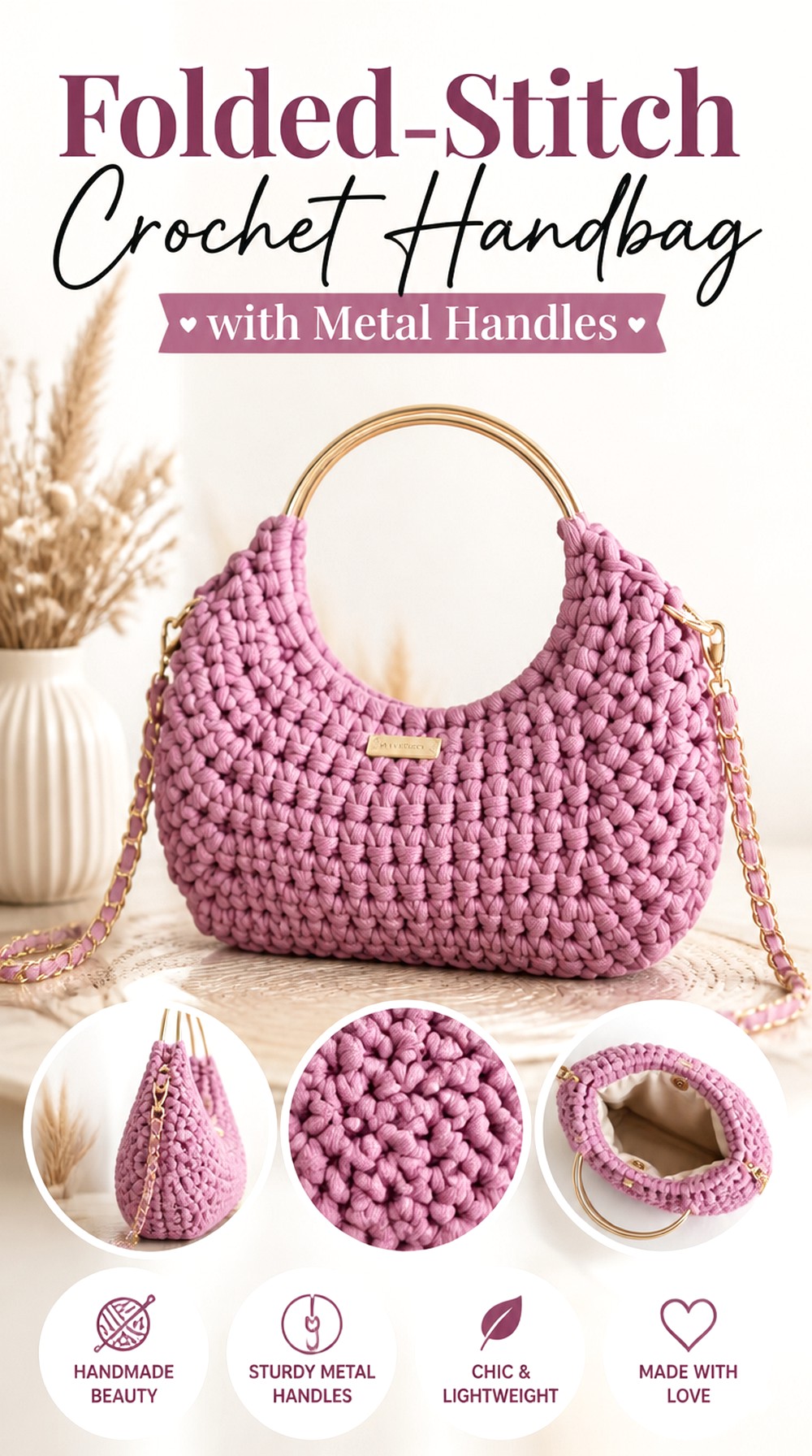Folded Stitch Crochet Handbag with Metal Handles