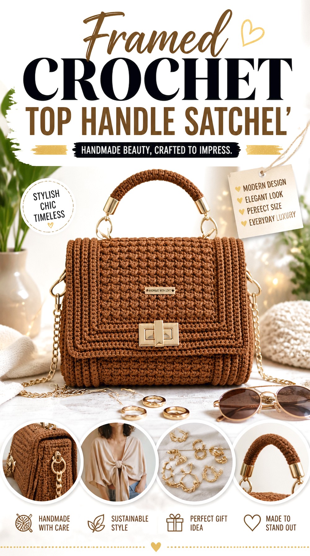 Framed Crochet Top Handle Satchel