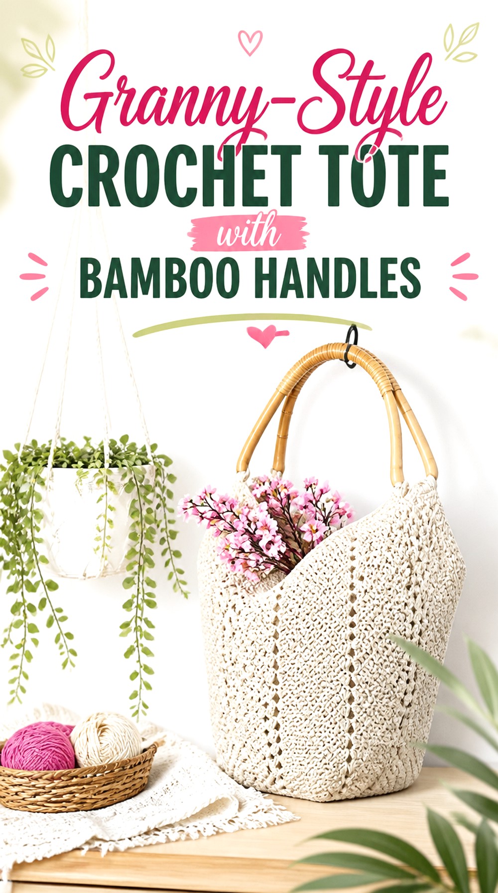 Granny Style Crochet Tote with Bamboo Handles
