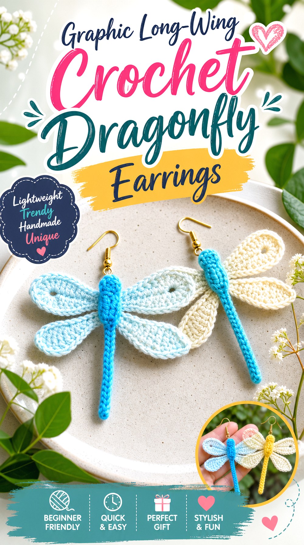 Graphic Long Wing Crochet Dragonfly Earrings