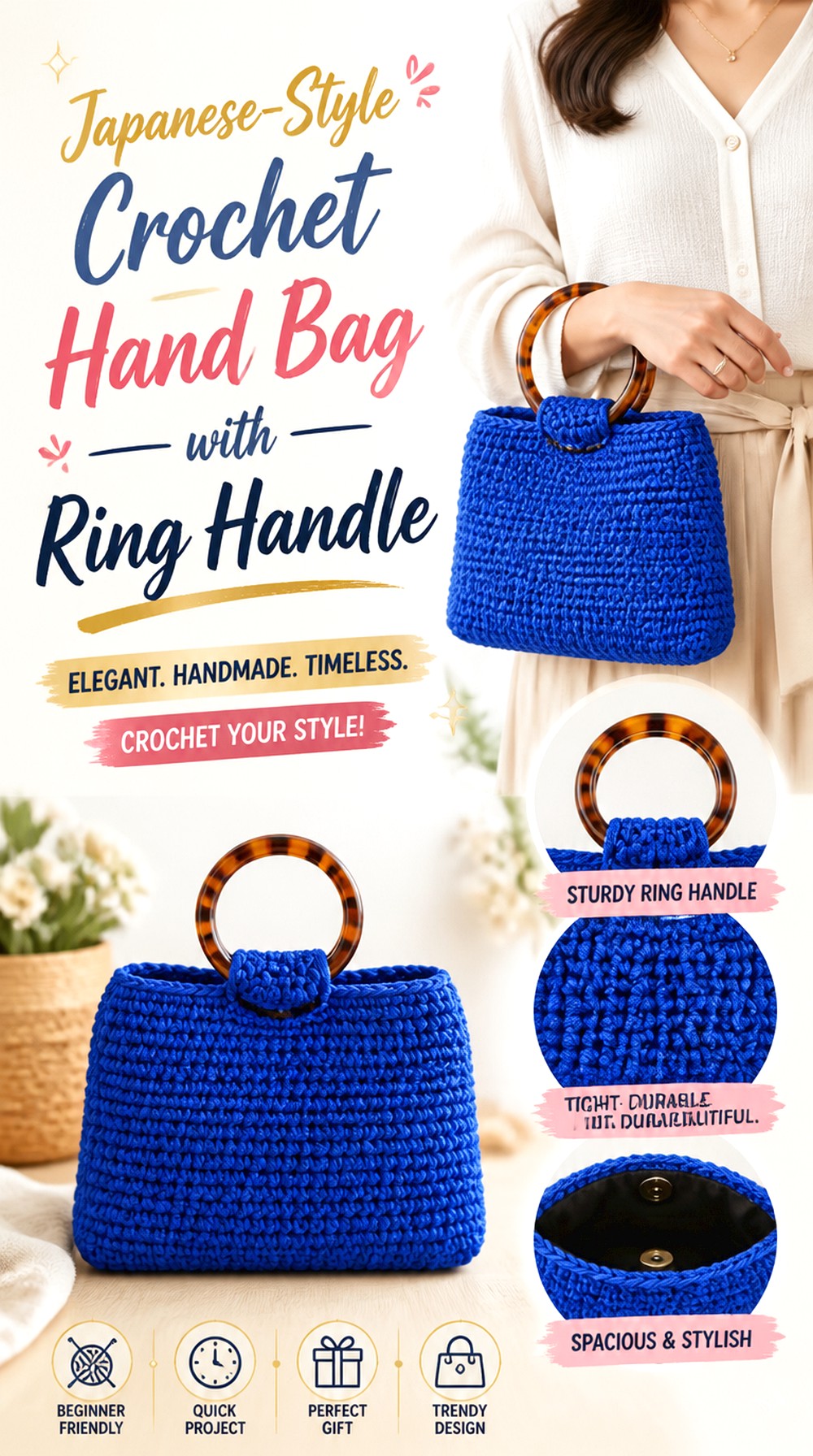Japanese Style Crochet Hand Bag with Ring Handle