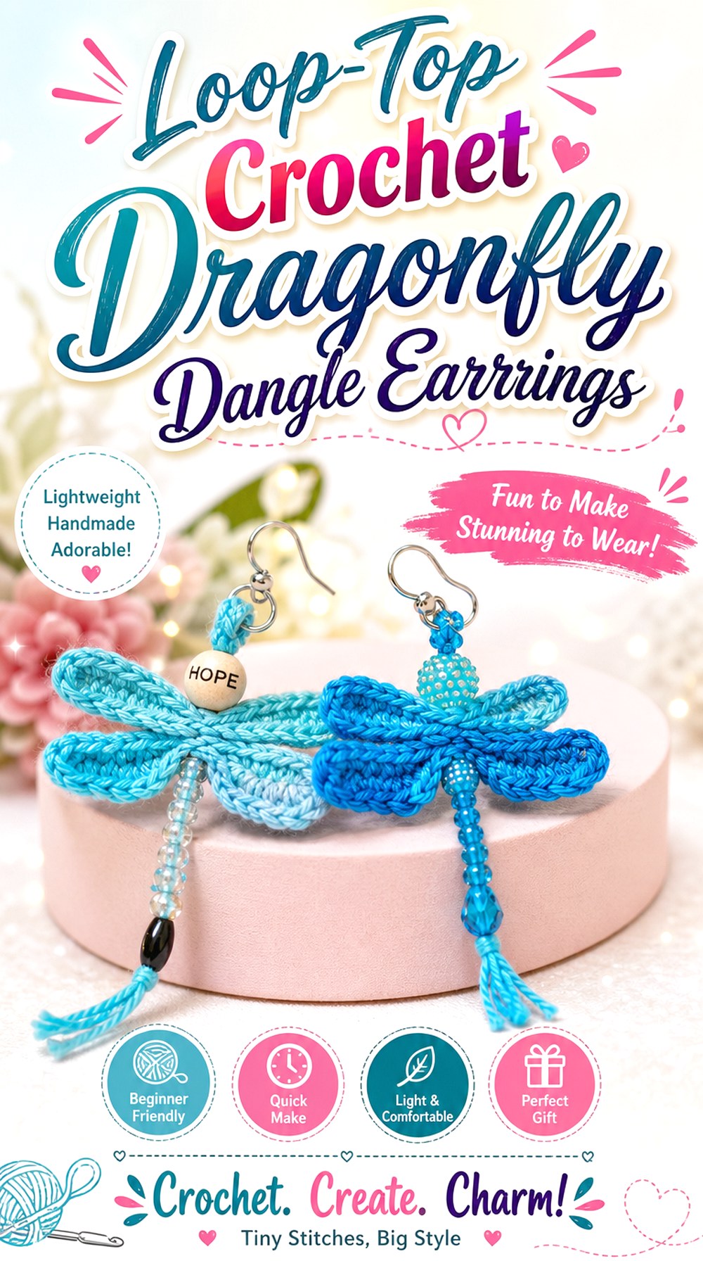 Loop Top Crochet Dragonfly Dangle Earrings