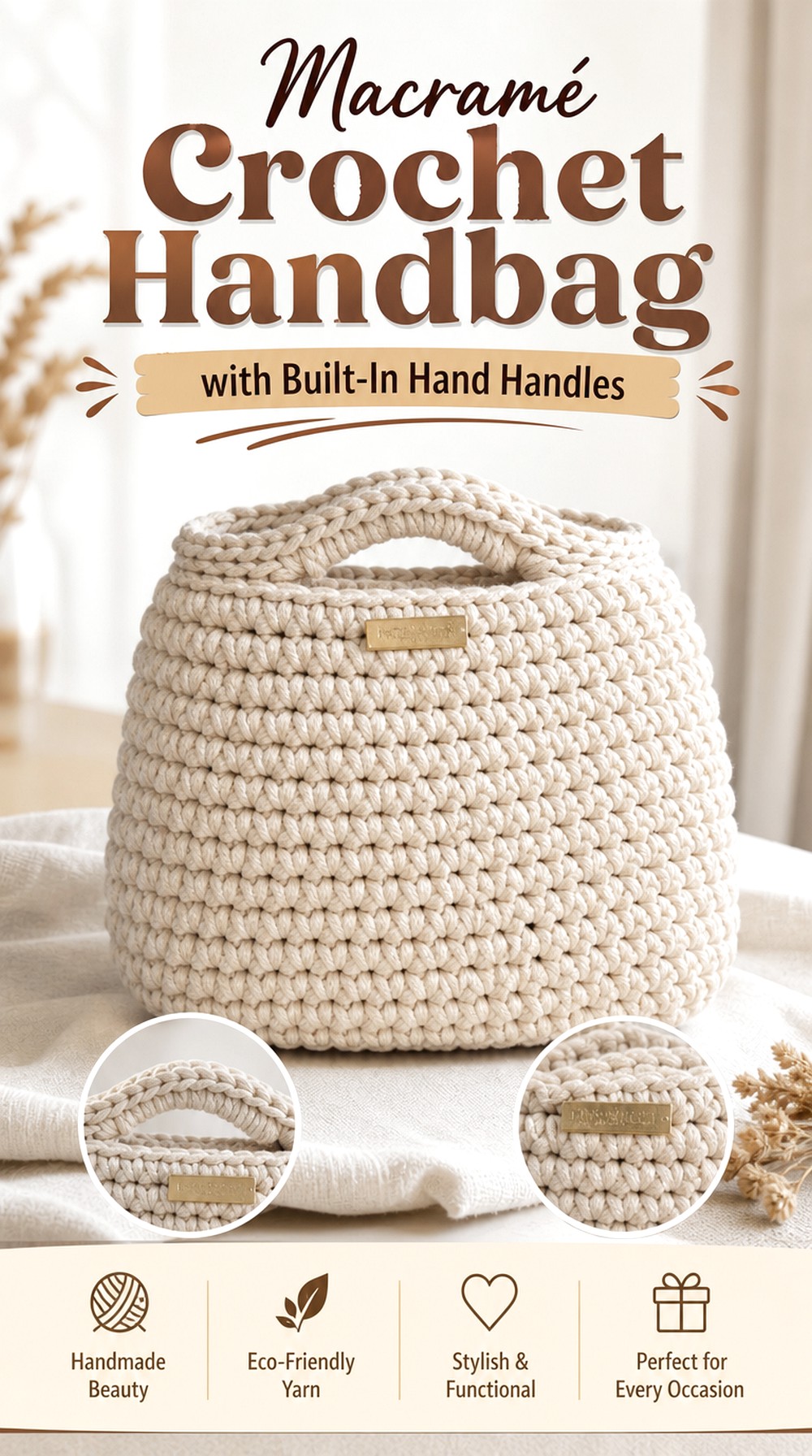 Macramé Crochet Handbag with Built In Hand Handles