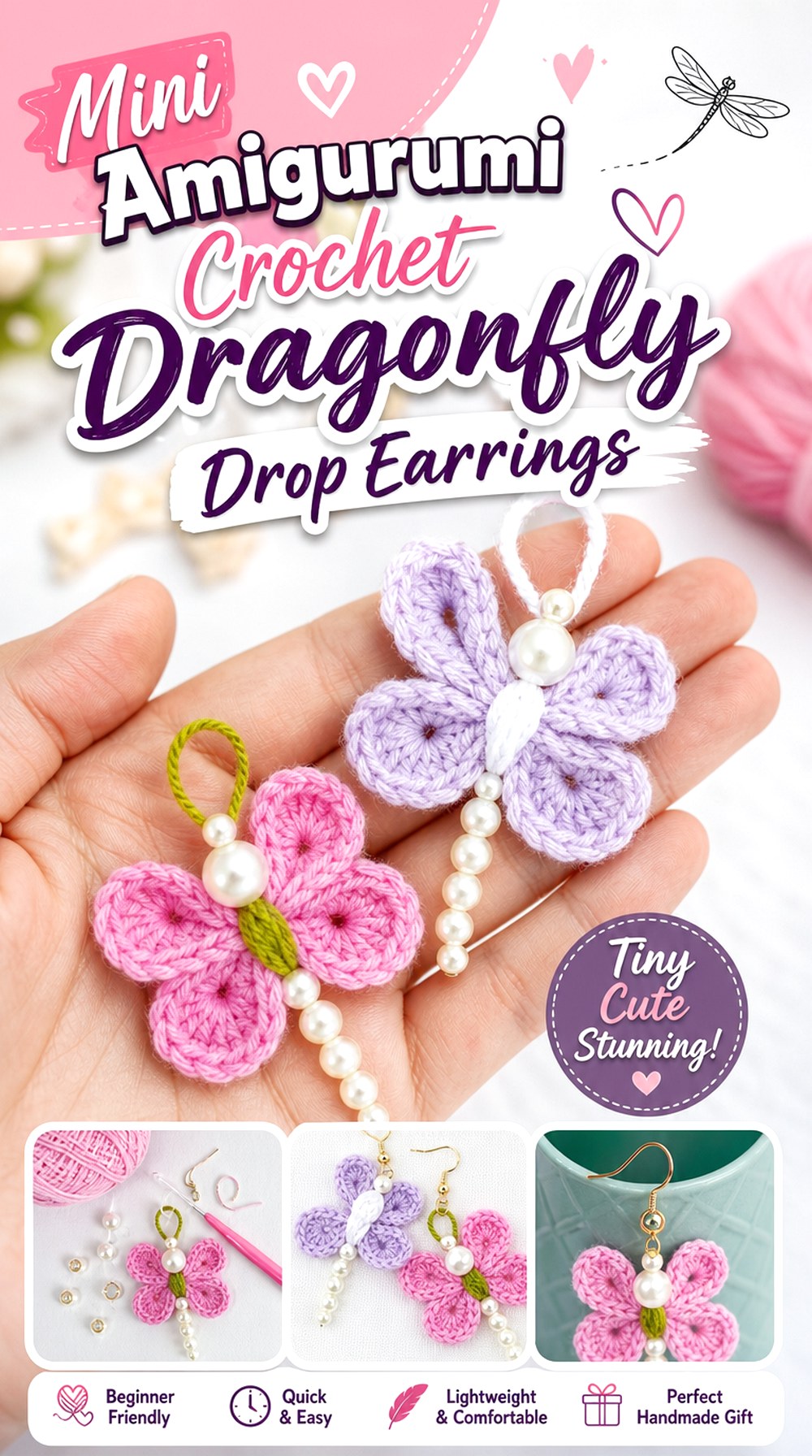 Mini Amigurumi Crochet Dragonfly Drop Earrings