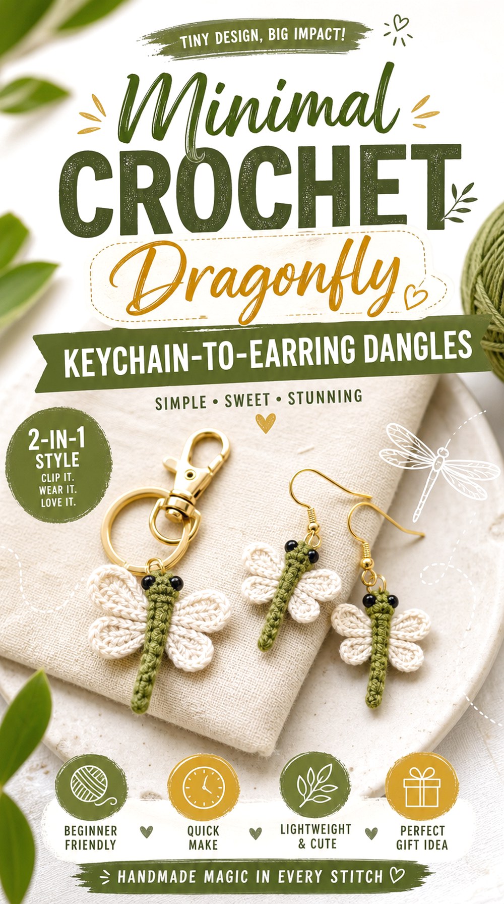 Minimal Crochet Dragonfly Keychain to Earring Dangles