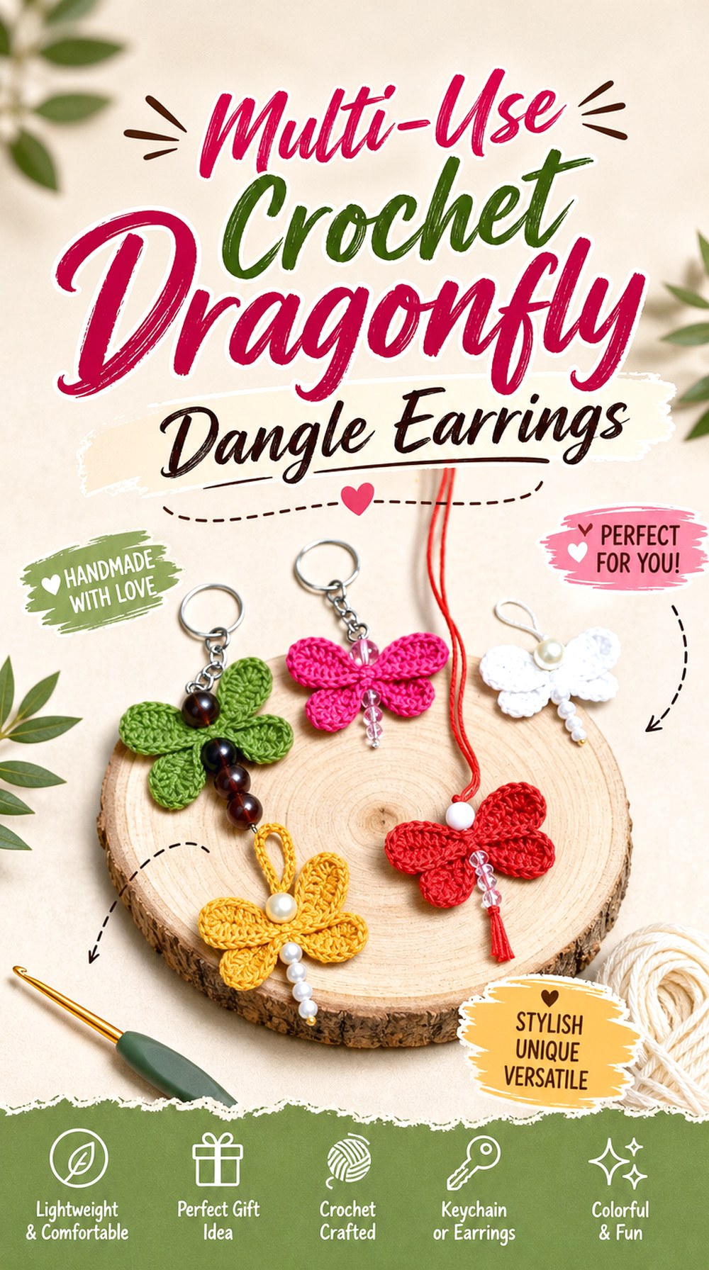 Multi Use Crochet Dragonfly Dangle Earrings