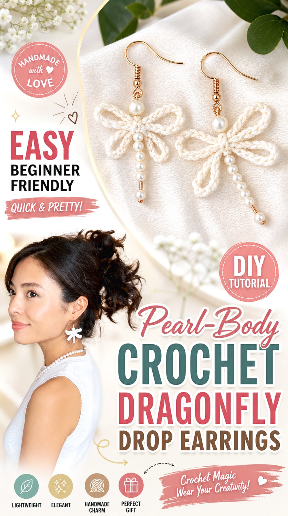 Pearl Body Crochet Dragonfly Drop Earrings