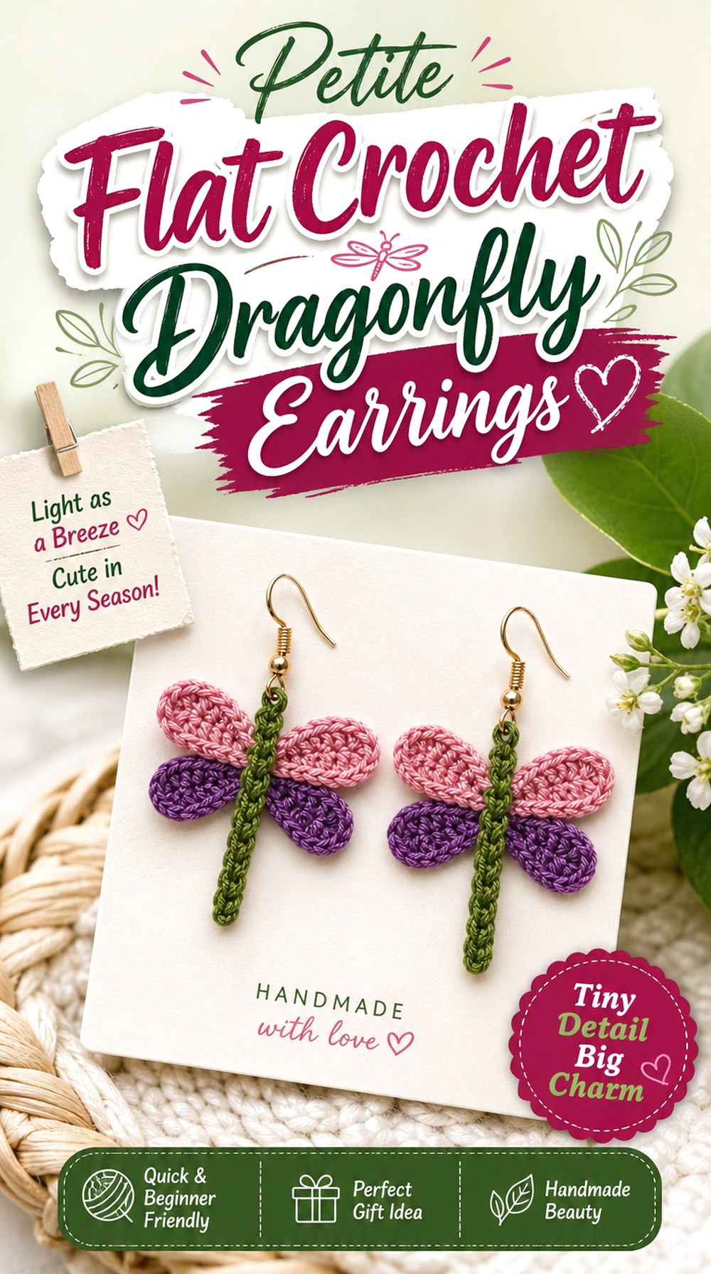 Petite Flat Crochet Dragonfly Earrings
