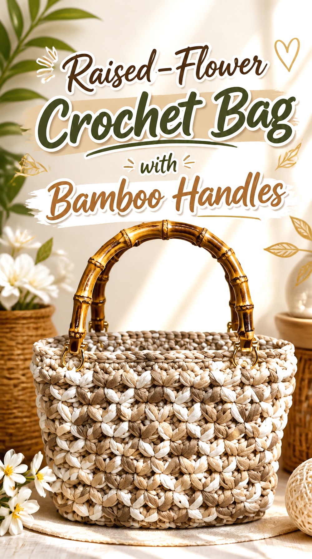 Raised Flower Crochet Bag with Bamboo Handles
