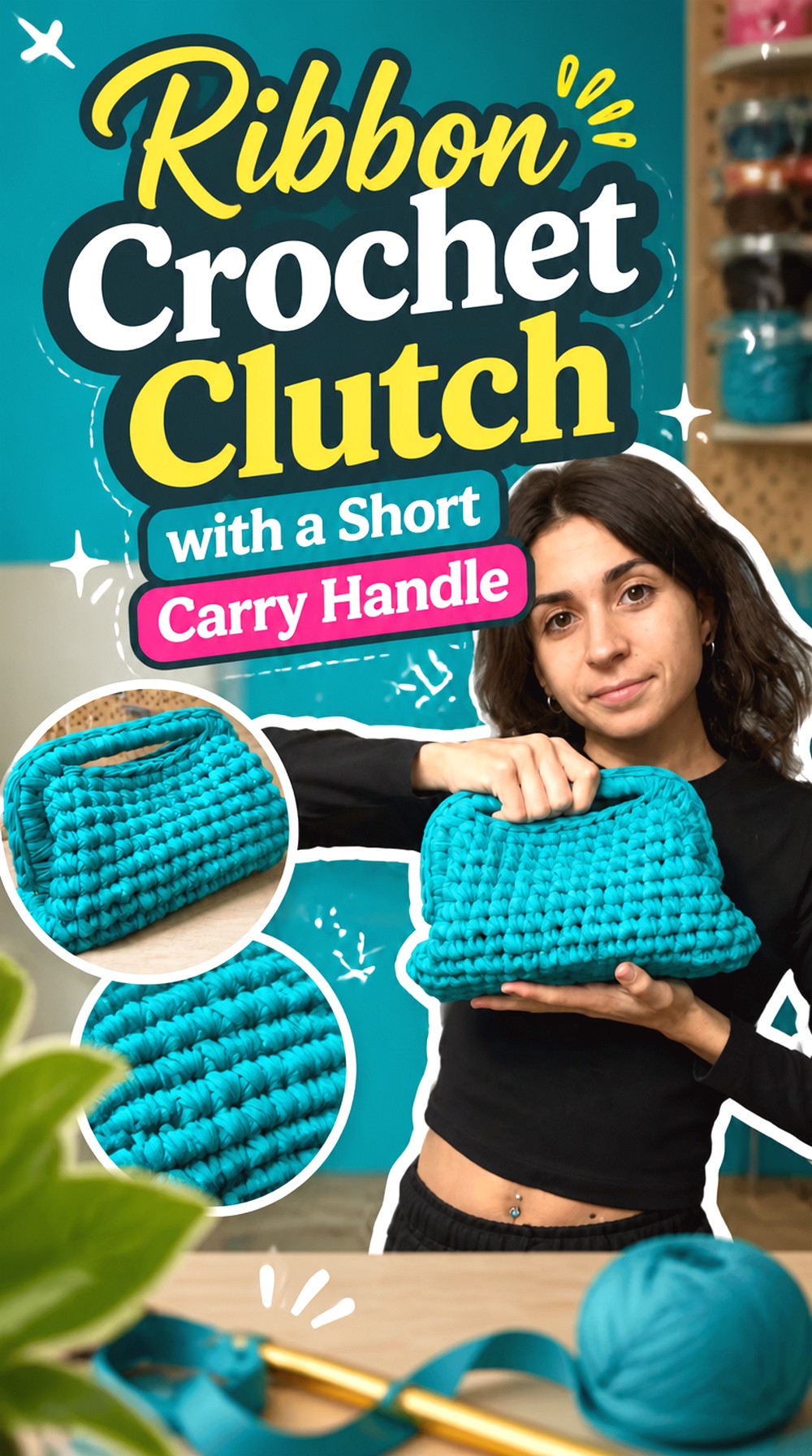 Ribbon Crochet Clutch with a Short Carry Handle