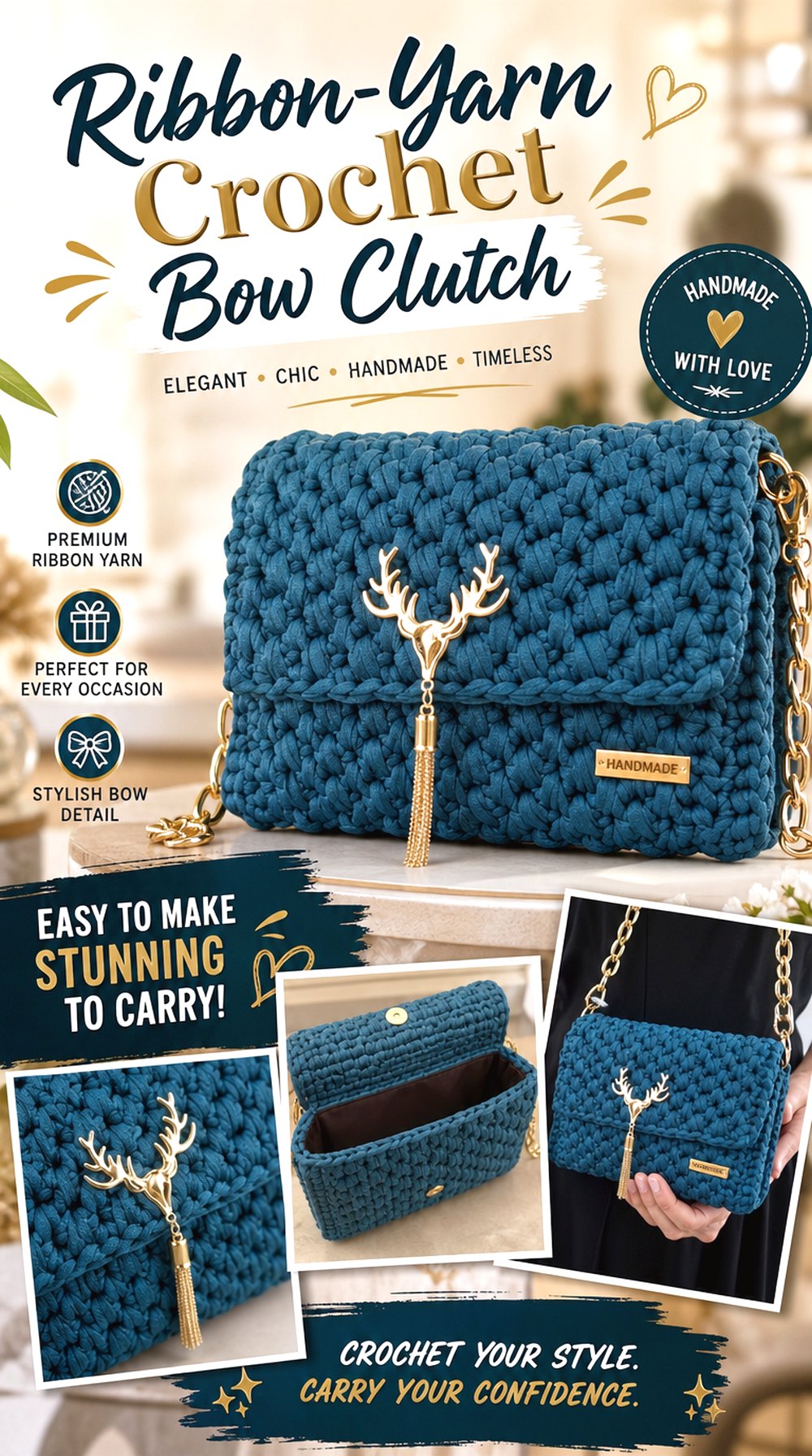 Ribbon Yarn Crochet Bow Clutch