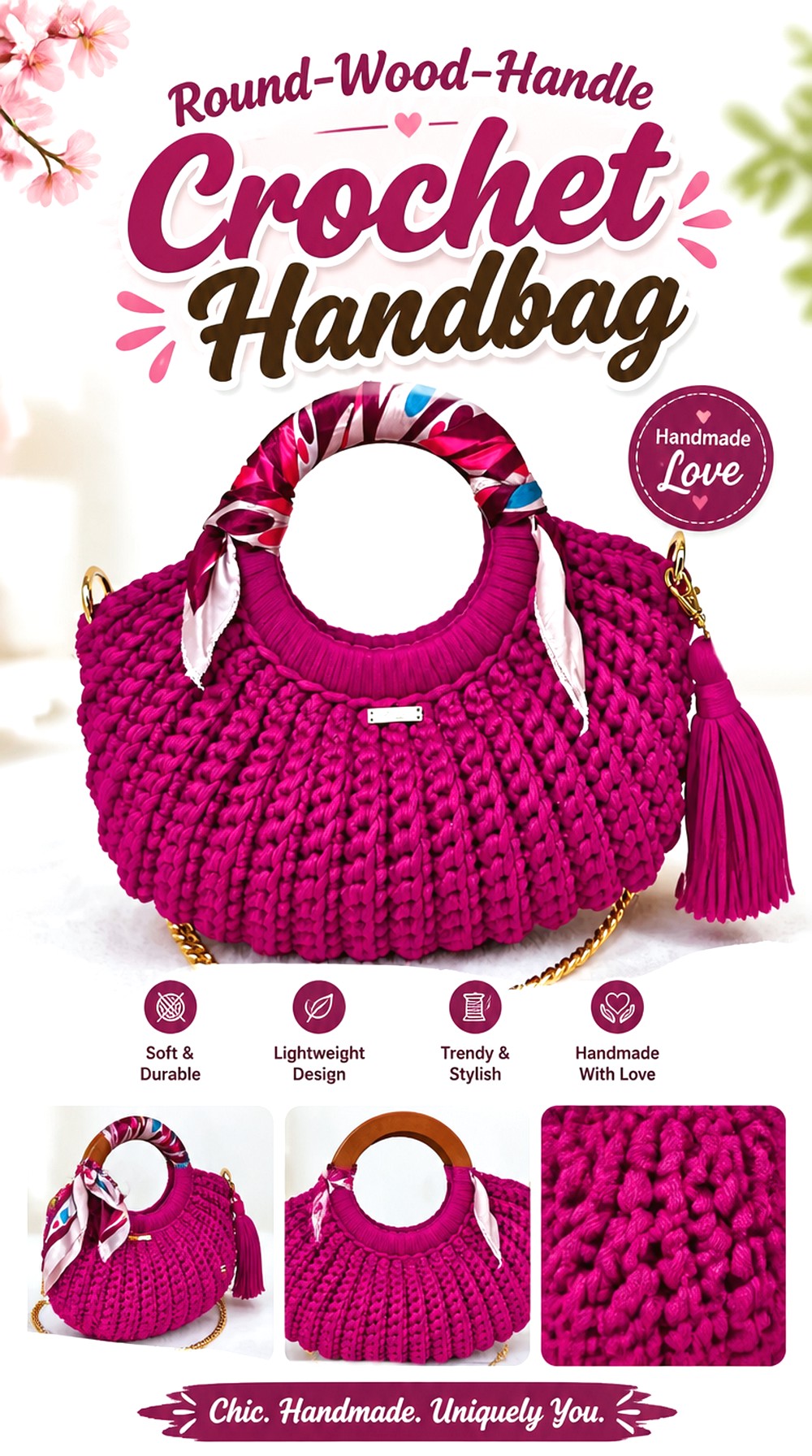Round Wood Handle Crochet Handbag