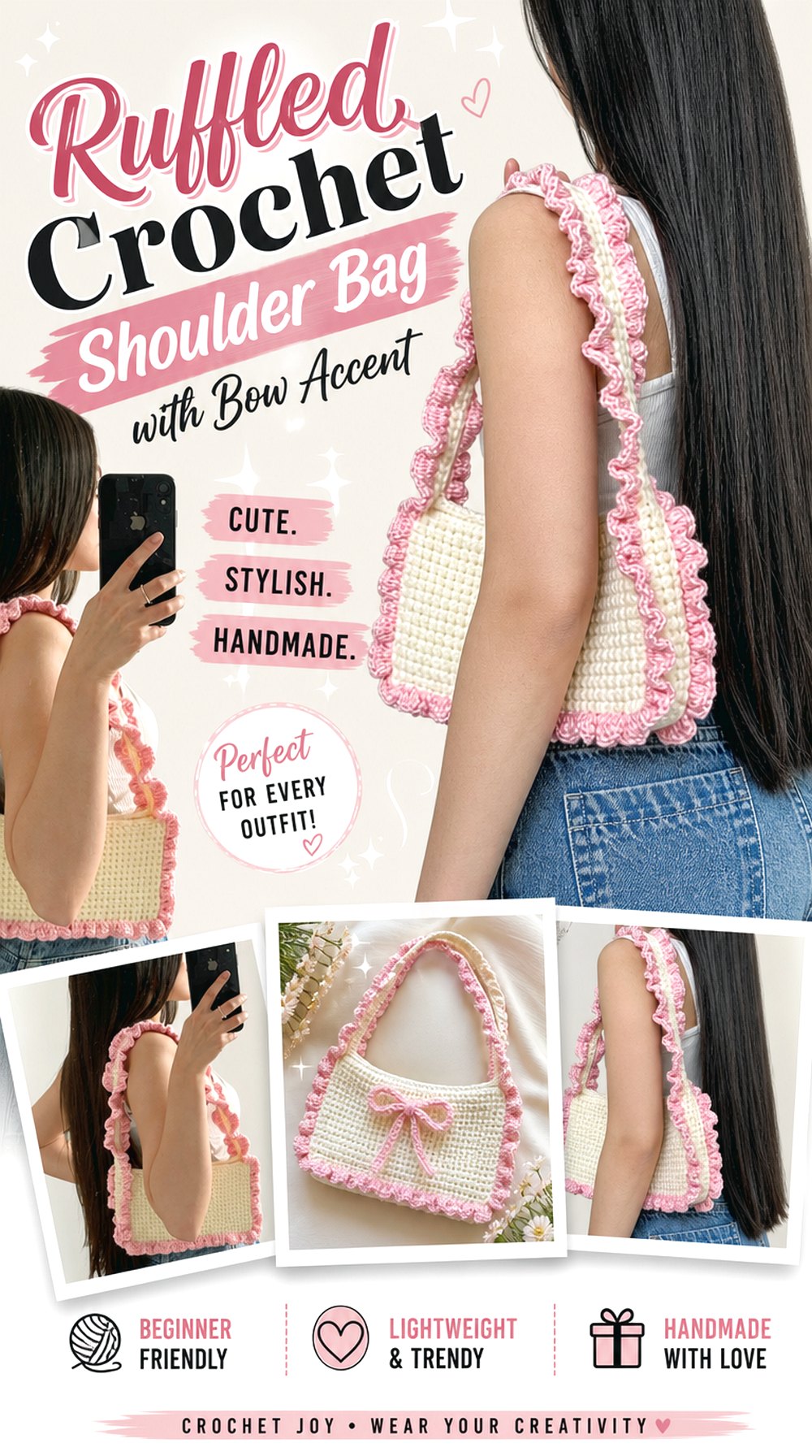 Ruffled Crochet Shoulder Bag with Bow Accent