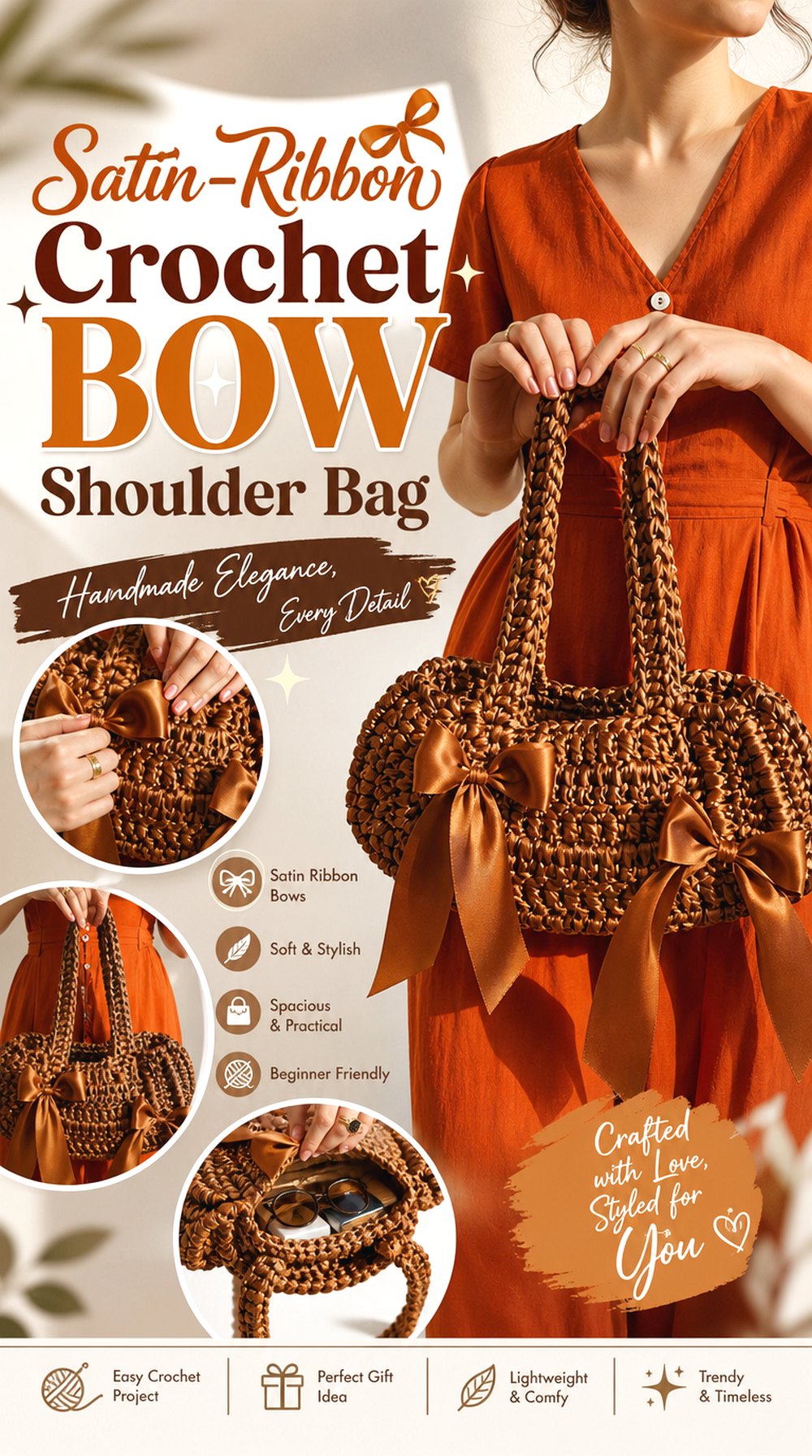 Satin Ribbon Crochet Bow Shoulder Bag