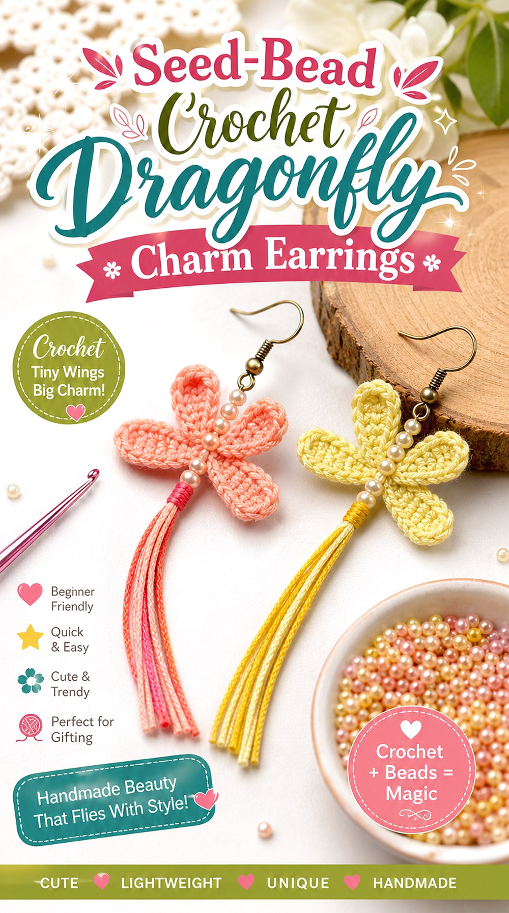 Seed Bead Crochet Dragonfly Charm Earrings
