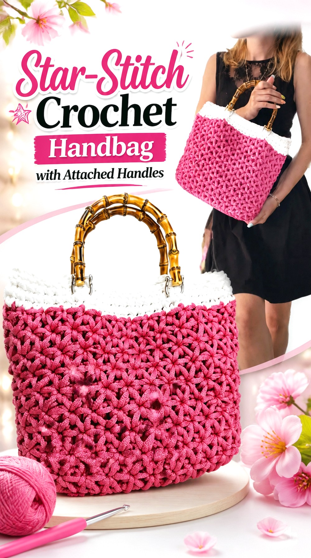Star Stitch Crochet Handbag with Attached Handles