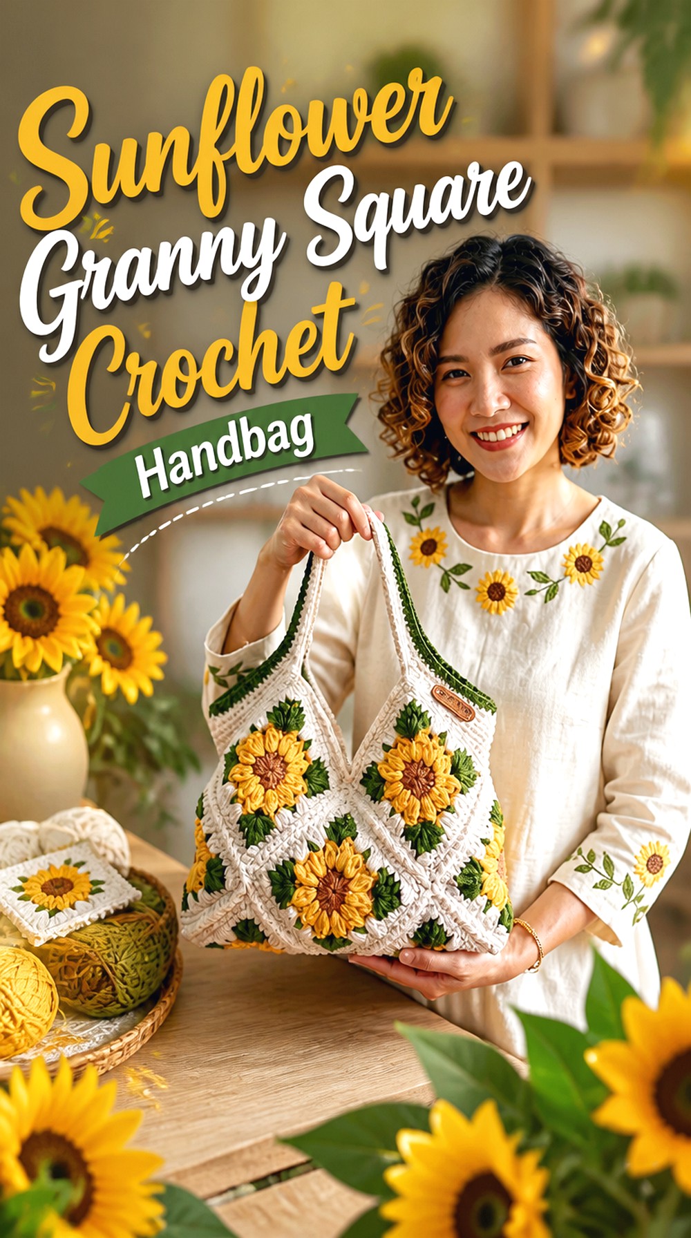 Sunflower Granny Square Crochet Handbag