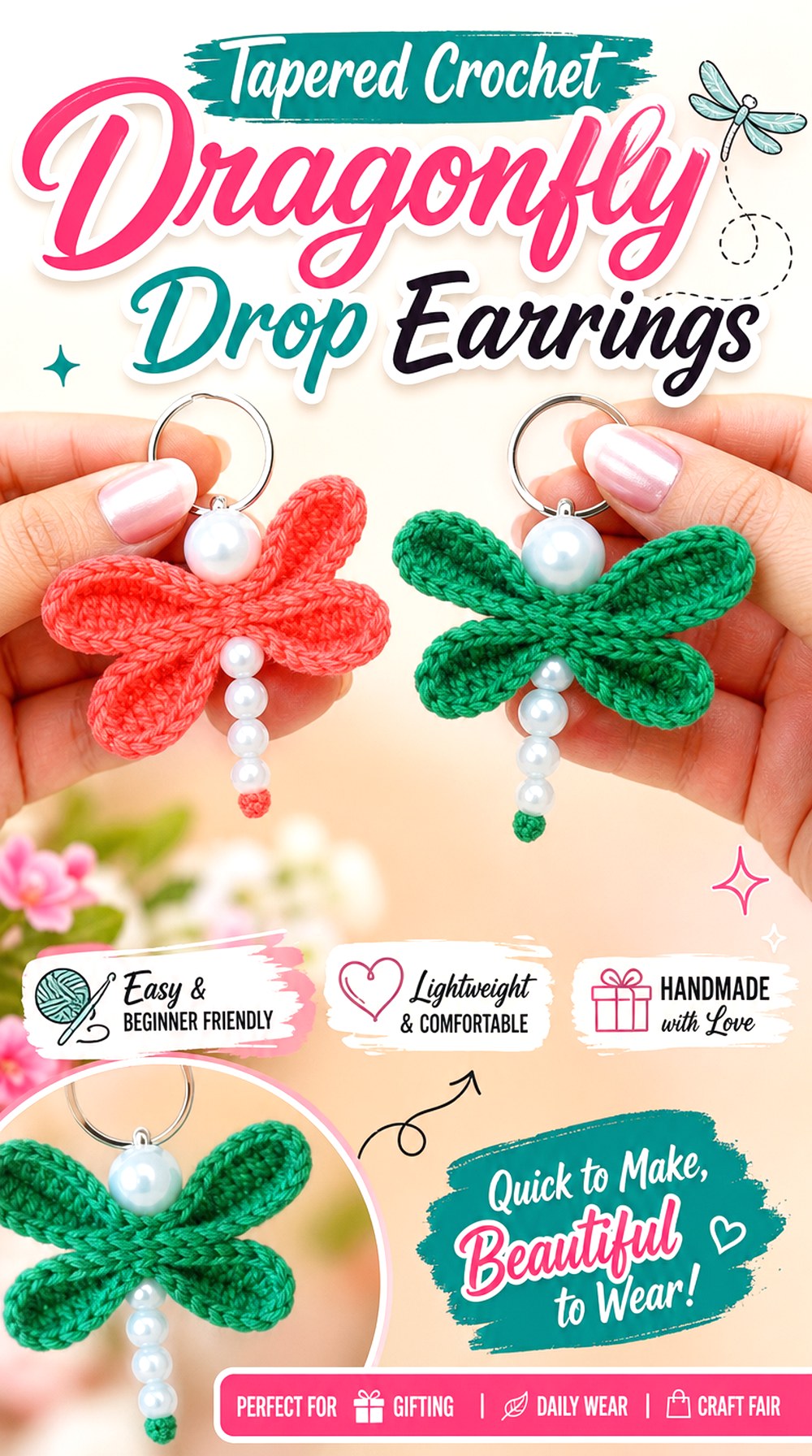 Tapered Crochet Dragonfly Drop Earrings