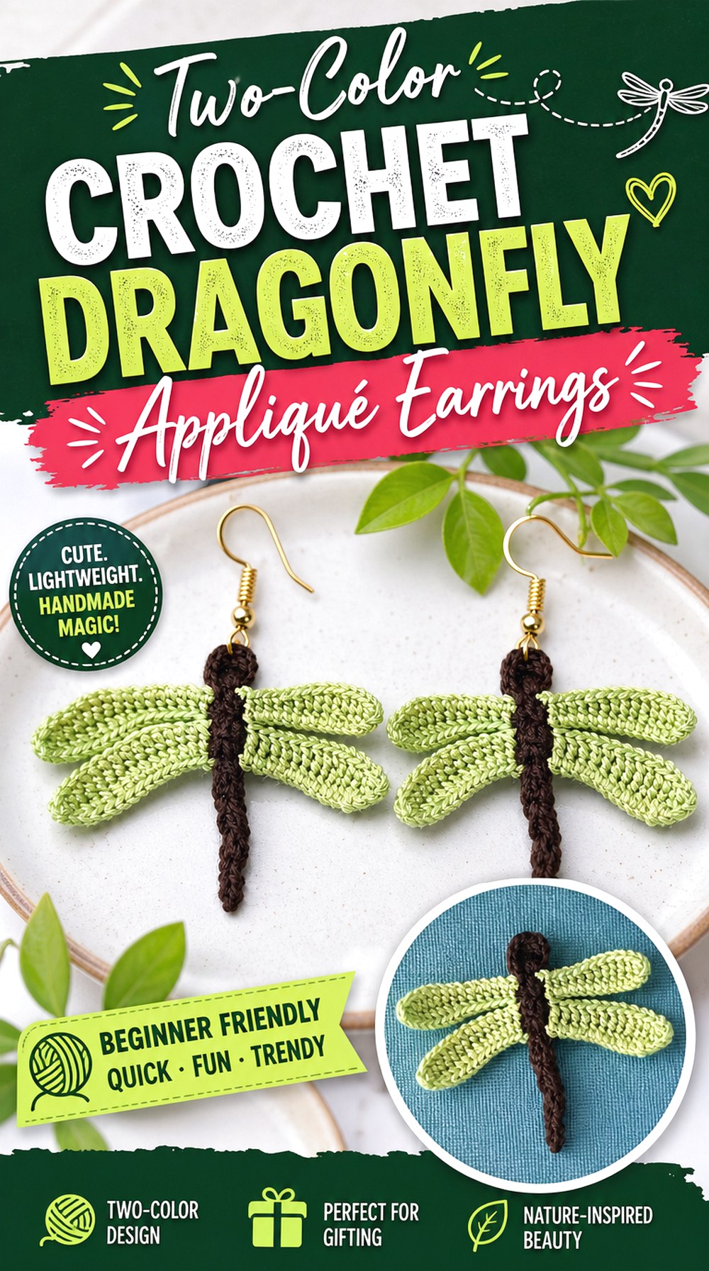Two Color Crochet Dragonfly Appliqué Earrings